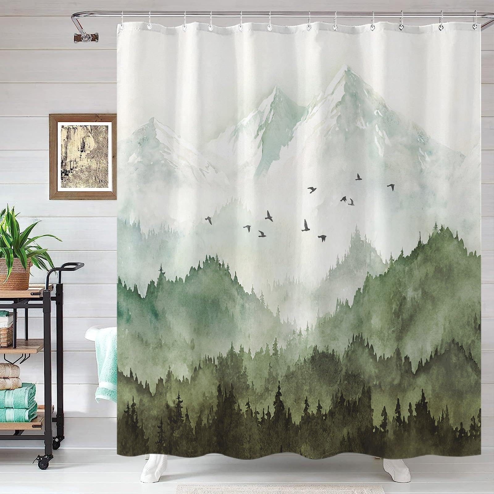 YEGRFJIS Shower Curtain Waterproof Washable, 140x190cm(WxL) Watercolor Green Mountain Forest Birds Bath Curtain With Hooks, Nature Landscape Bathroom Decor, Moisture Proof Bathtub Curtain