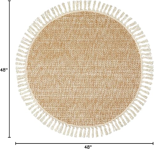 Miniatura 2 de Collive - Tapete redondo tejido a mano de algodón suave, lavable a máquina, rústico, de 4 pies con borlas, circulares, color tostadocrema, para