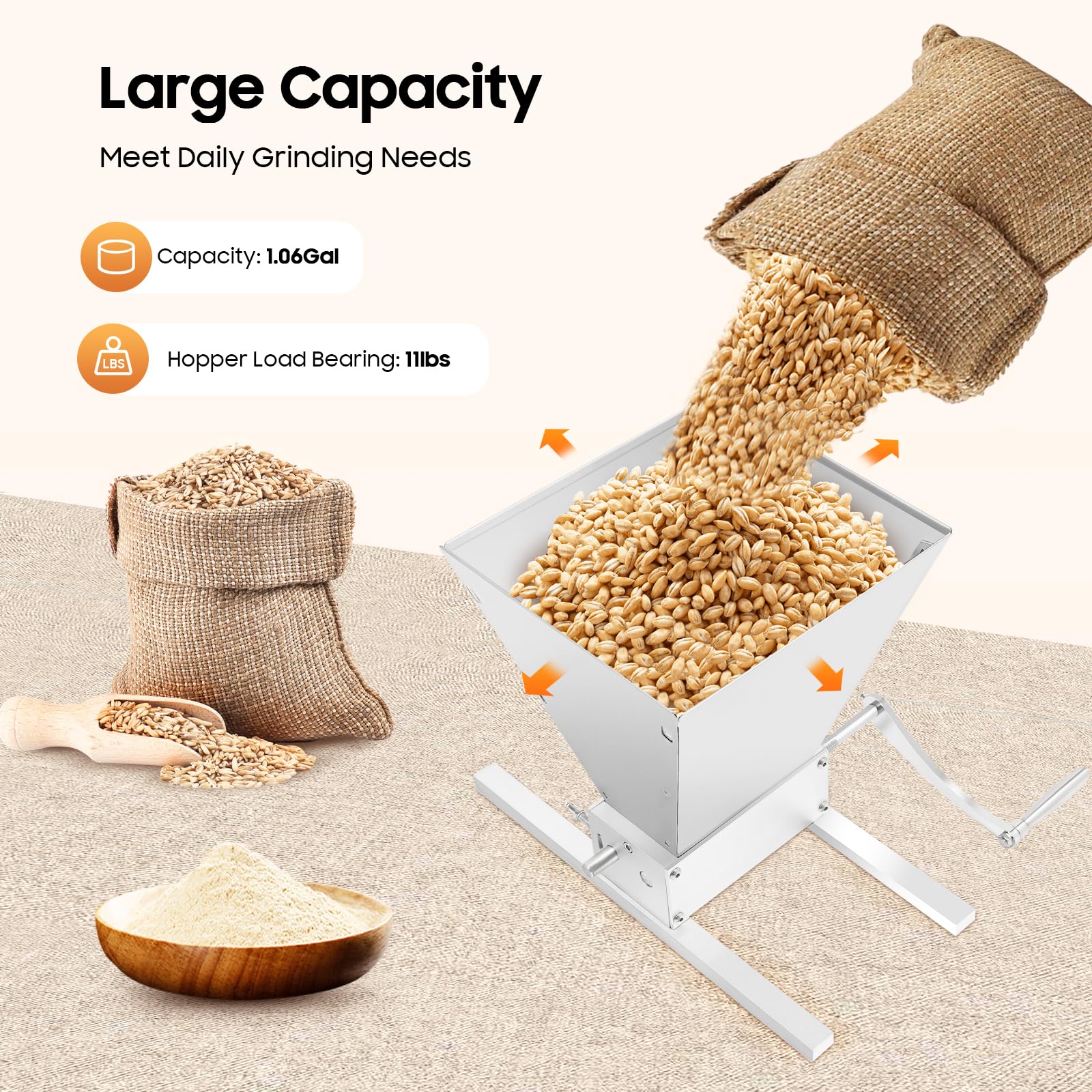 Molinillo de cereales de 4 litros, manual, acero inoxidable, molinillo de malta ajustable, prensa en escamas, molinillo de cereales, molino de malta ajustable, con 2 tiras de aluminio para la
