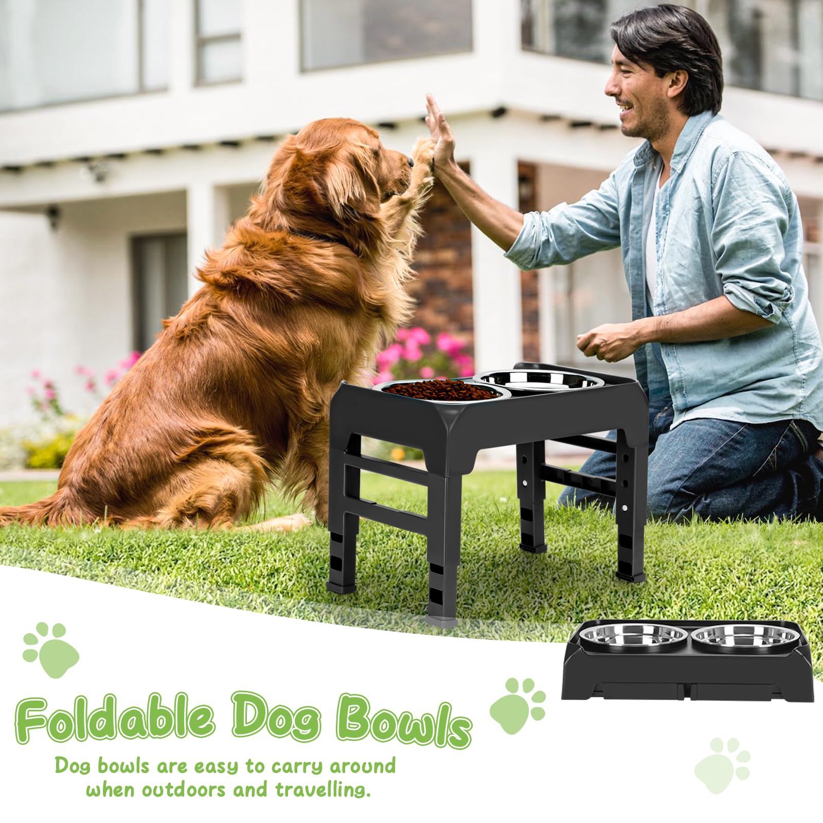 AIRMX Cuencos elevados para perros de altura ajustable con 2 cuencos de acero inoxidable para comida para perros, comedero plegable antideslizante para perros medianos y grandes, se ajusta a 12.4