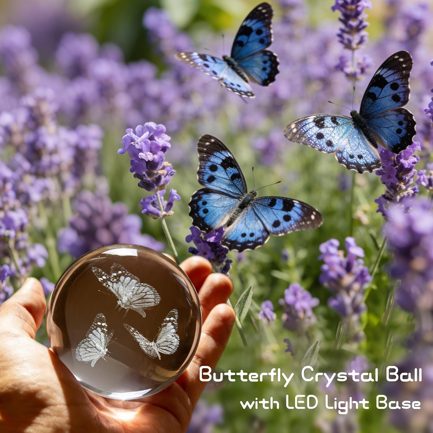 3D Butterfly Crystal Ball with LED Stand, 80mm Glass Sphere Night Light Lamp, Crystal Butterfly Figurines Collectibles Gifts for Women Girls Mom Kids