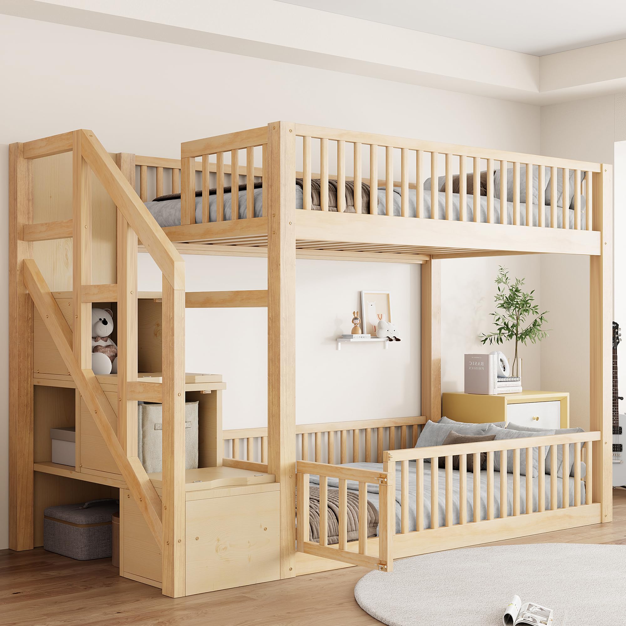 Low Bunk Bed Twin Over Twin with Storage Staircase & Door Openable Fence,Wood Montessori Floor Bunk Bed Frame with Full-Length Safety Guardrails & Slat Support for Toddlers Kids Teens Bedroom,Natural