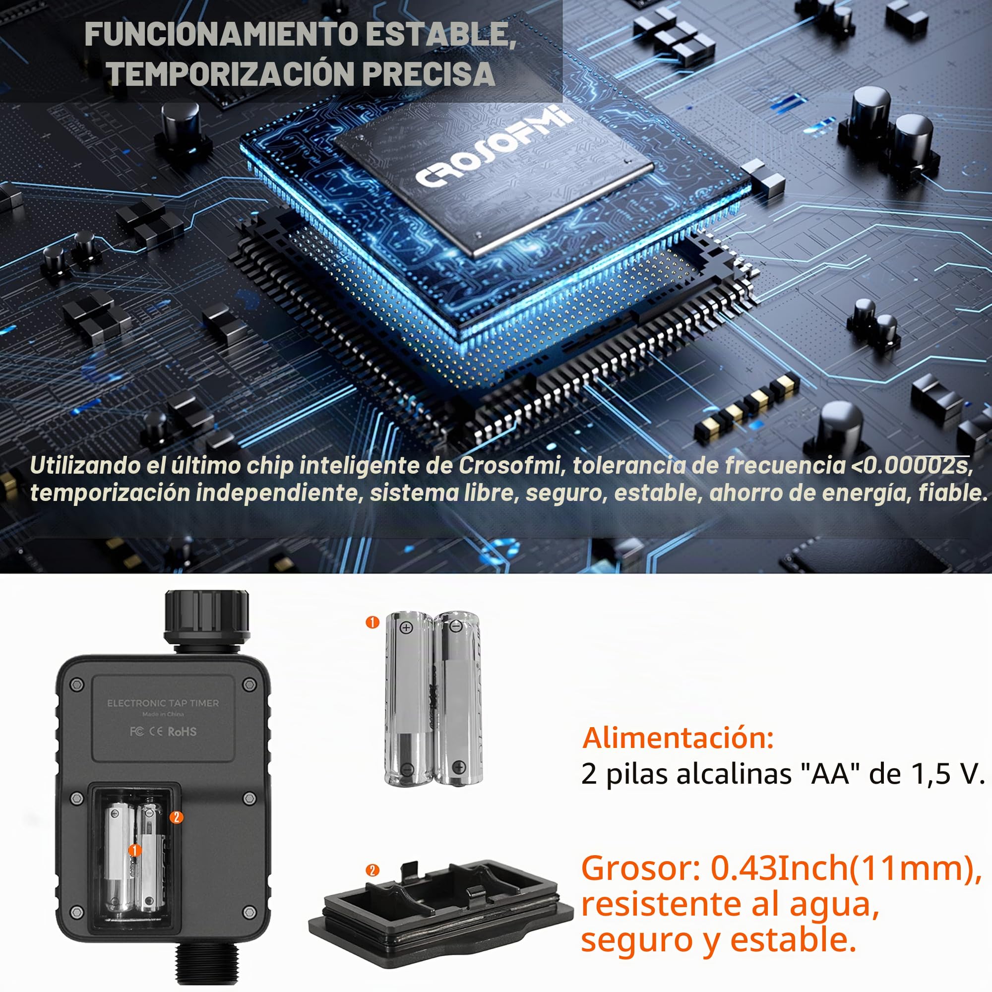 CROSOFMI Programador Riego Jardin Temporizador de Riego Automatico Control Pantalla Grande de 3 Pulgadas Naranja