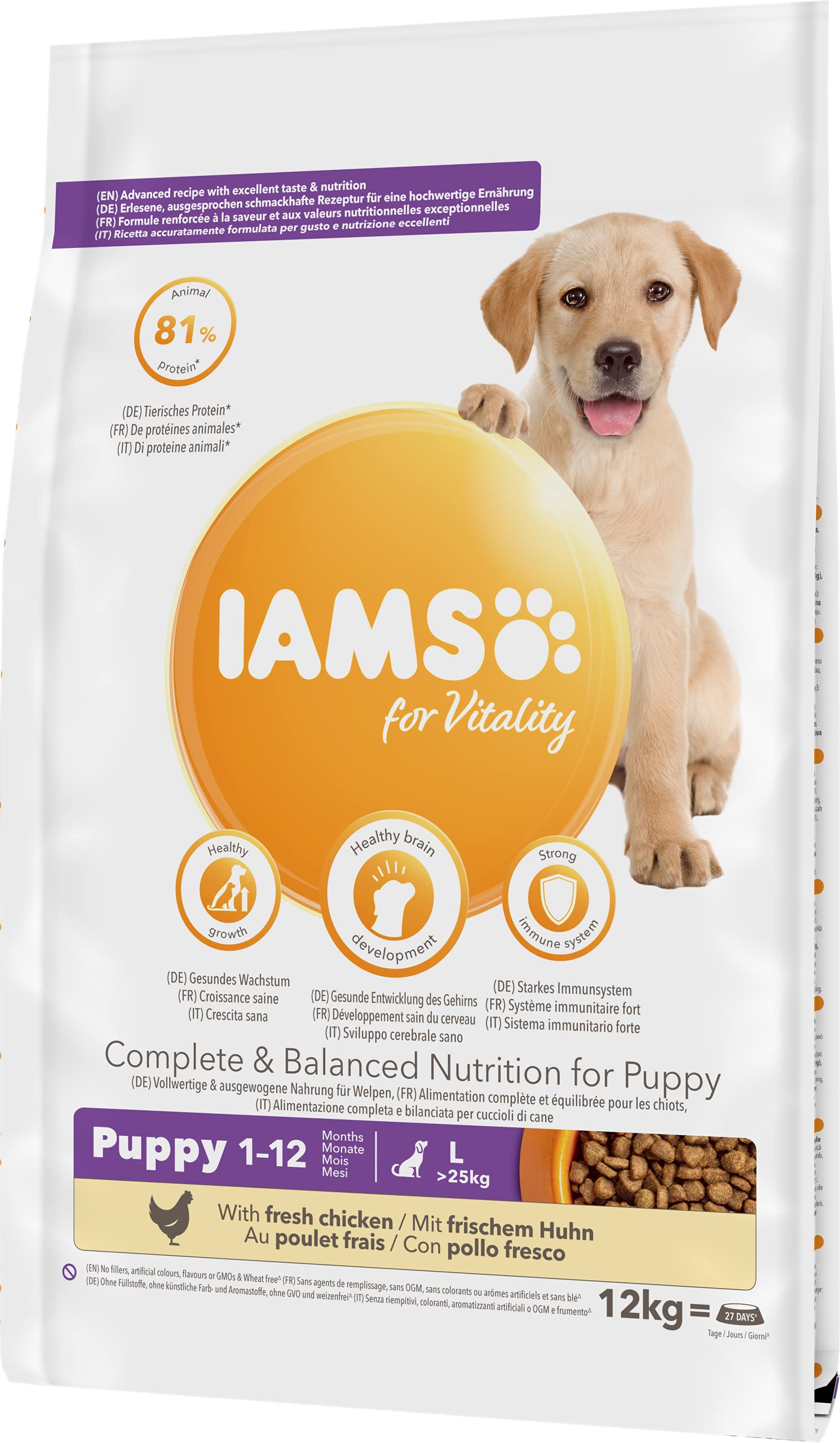 IAMS for Vitality Junior Hundefutter trocken - Welpenfutter für Welpen im Alter von 1-12 Monaten, geeignet für große Rassen, 12 kg