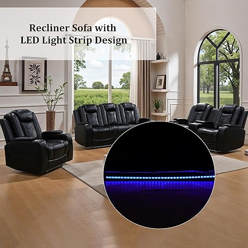 Miniatura 6 de Juego de 3 piezas para sala de estar, sofá reclinable eléctrico de cuero con puertos USB, iluminación LED y portavasos, asientos de cine en casa
