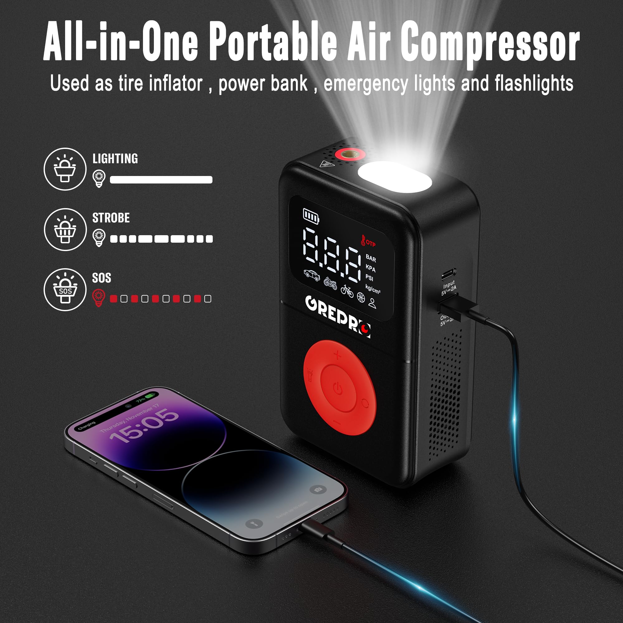 GREPRO - Compresor de aire portátil para neumáticos, bomba de aire portátil de 160 PSI con medidor de presión digital, luz LED y múltiples adaptadores para coche, motocicleta, bicicleta y otros