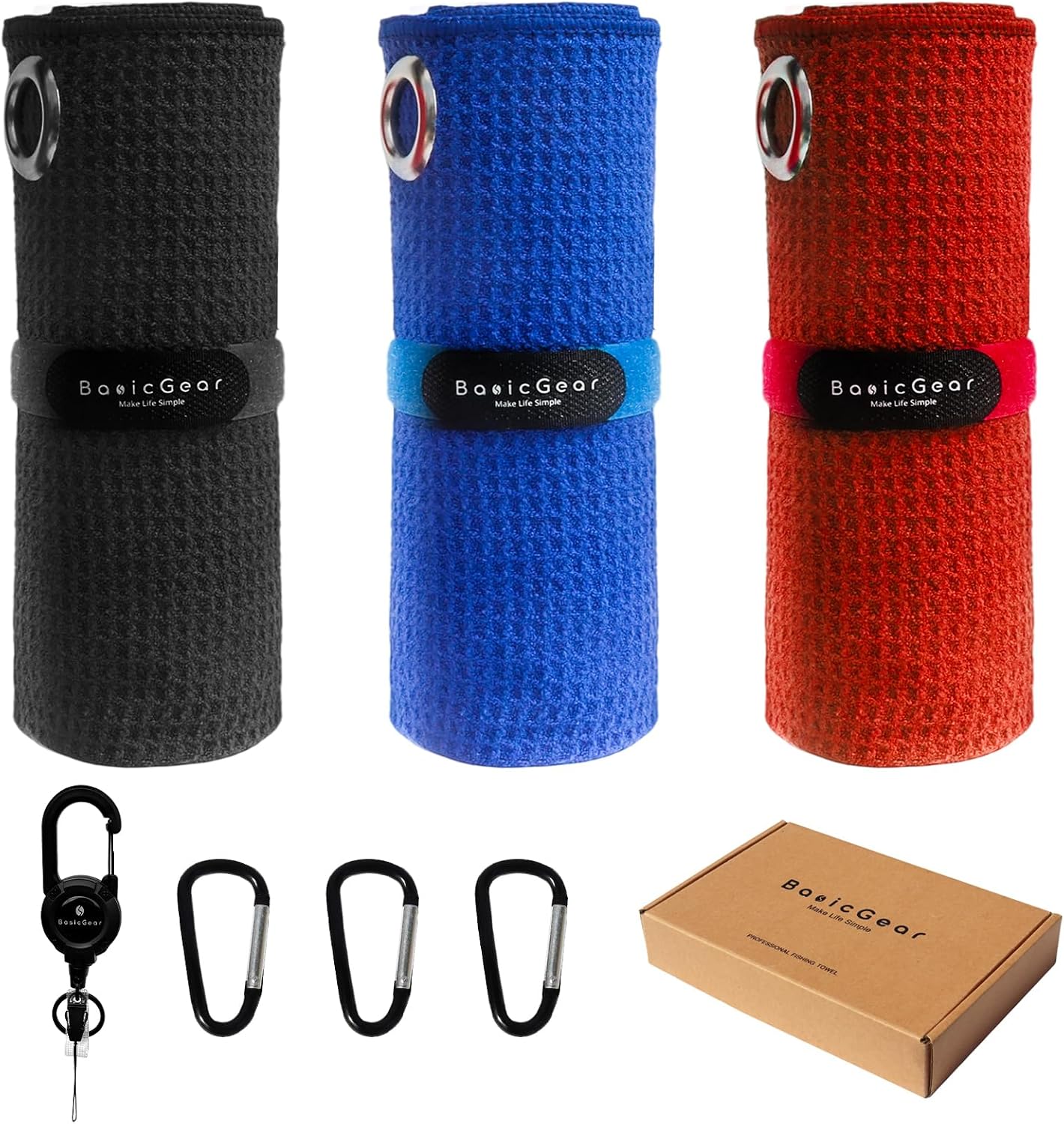 BasicGear Fishing Towel, 3 Pack Waffle Pattern Fishing Towels (16"x16") with ABS Retractable Buckle and Carabiner Clip, Hook and Loop Fastener Fishing Gifts for Men/Women (Black/Red/Blue)