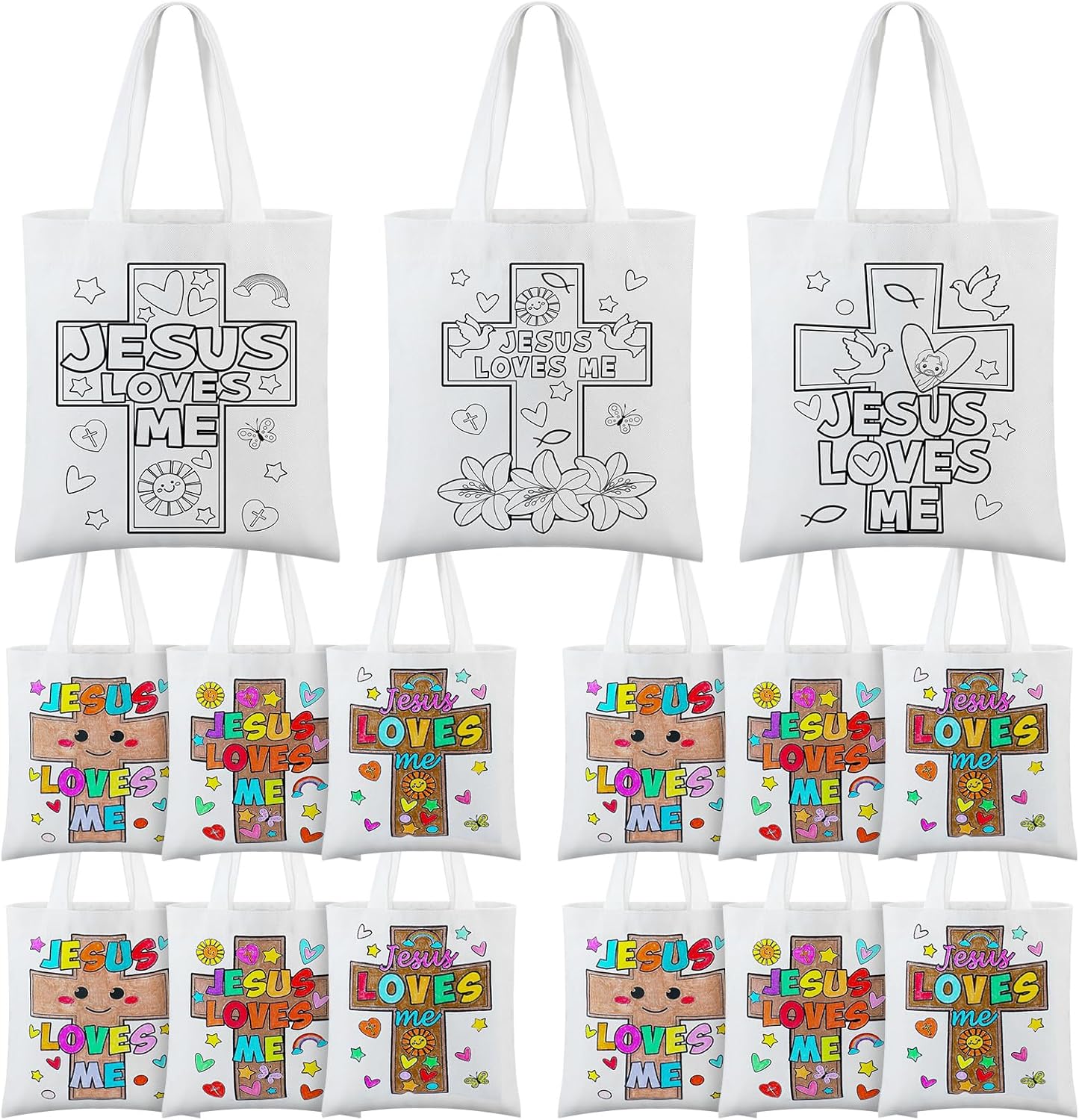 24 Pcs Christian Easter Coloring Bags Color Your Own Jesus Loves Me Canvas Tote Bag DIY Religious Crosses Bags for Christian Gifts Sunday School Classroom Activities