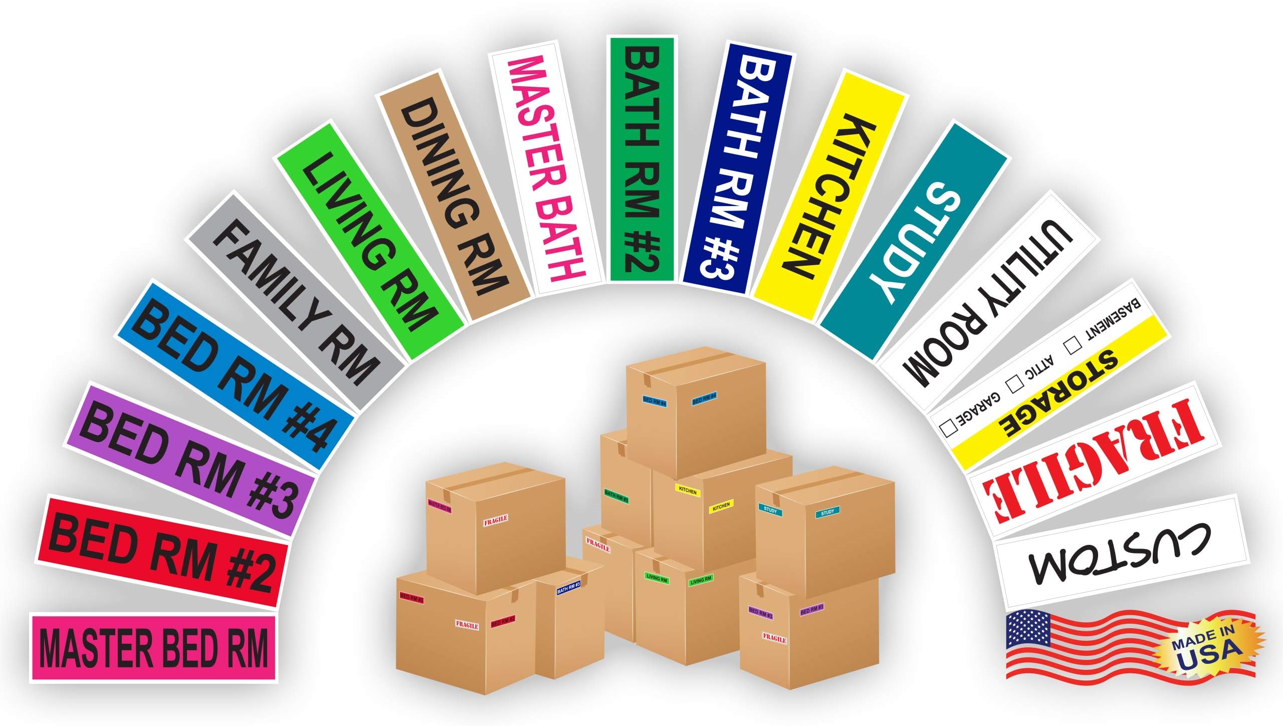 Kenco Color Coded Moving Labels - Full Box Pack - Includes Fragile Moving Supplies Packing Stickers (Room Pack)