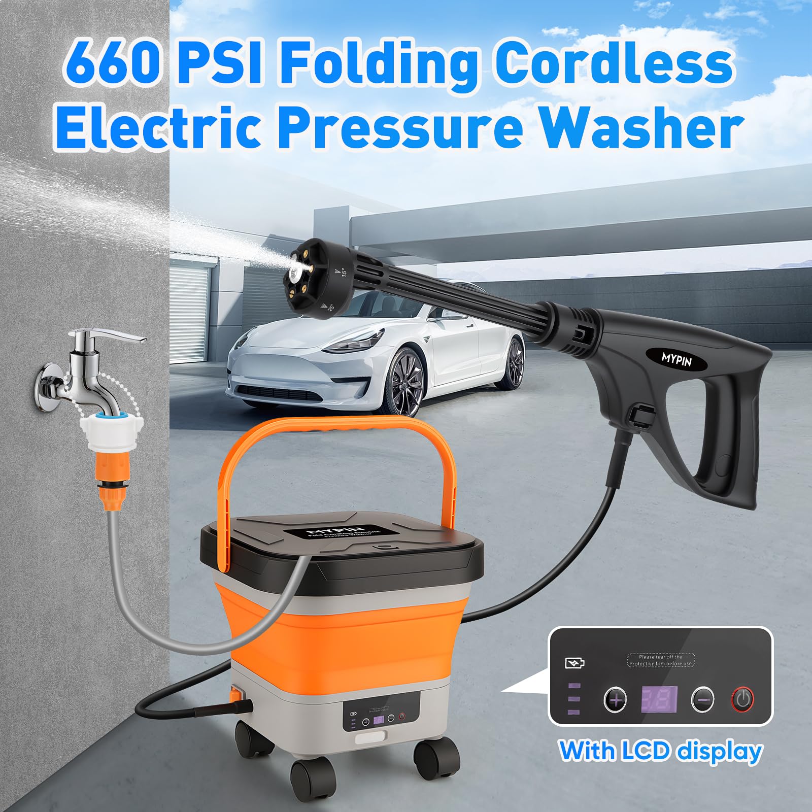 Nettoyeur Haute Pression sans Fil avec Réservoir d'eau Pliable de 12.9L | Buse 6-en-1, 7 Niveaux de Pression Réglables, 660 PSI, pour le Nettoyage des Voitures, Sols, Murs, Clôtures
