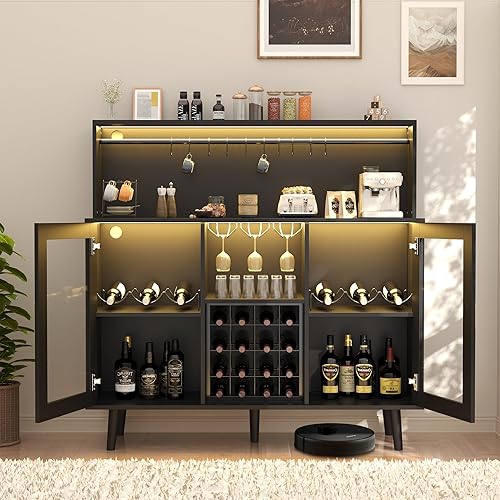 Miniatura 6 de MAGIC UNION Gabinete de bar de vinos con luz LED, barra de café para licor, gabinete de alcohol con estante de vidrio y estantes de vino extraíbles,