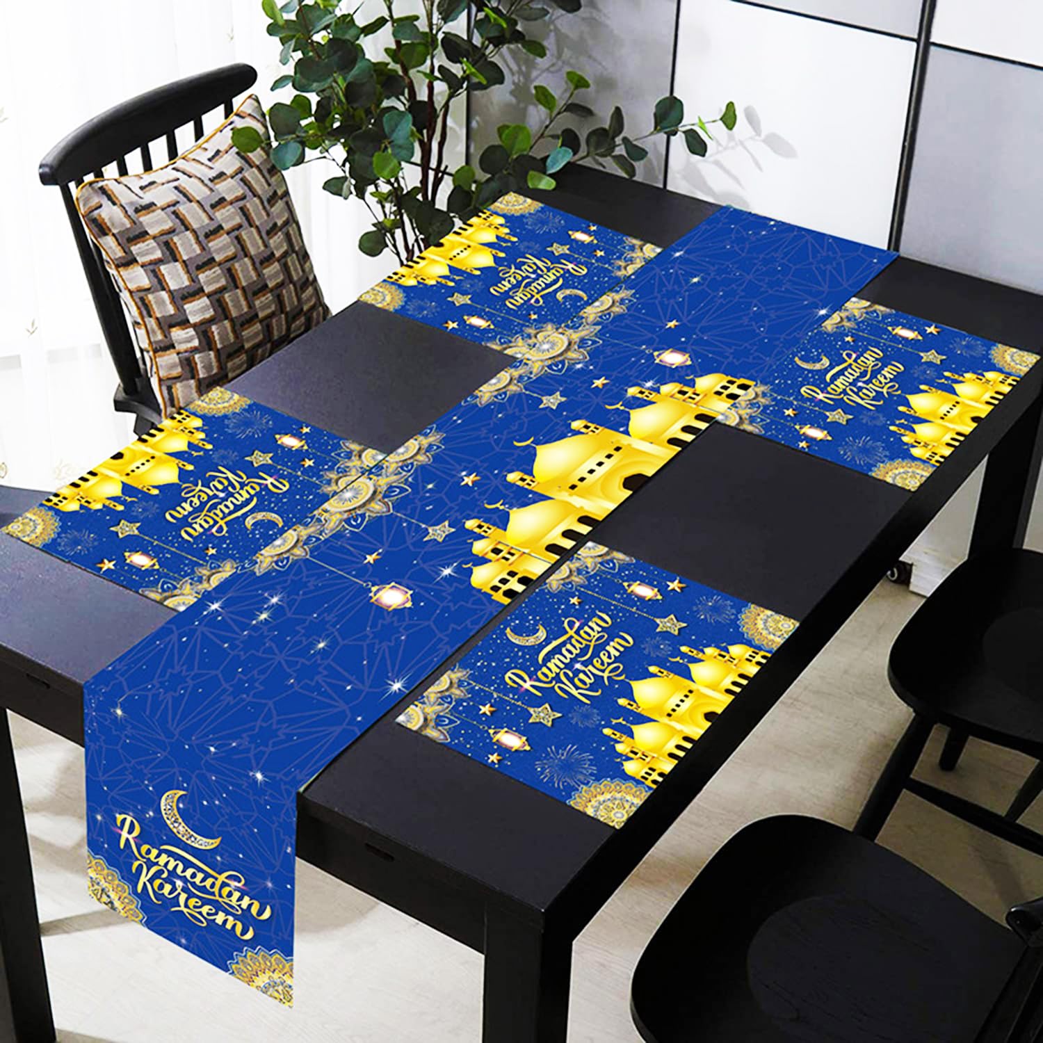 Yezide Blue Ramadan Kareen Table Runner And Placemat Set Eid Mubarak Tablecloth Mosque Lantern Stars Moon Dinning Mat Islamic Decor For Ramadan Mubarak Home Room Dinning Table Decoration