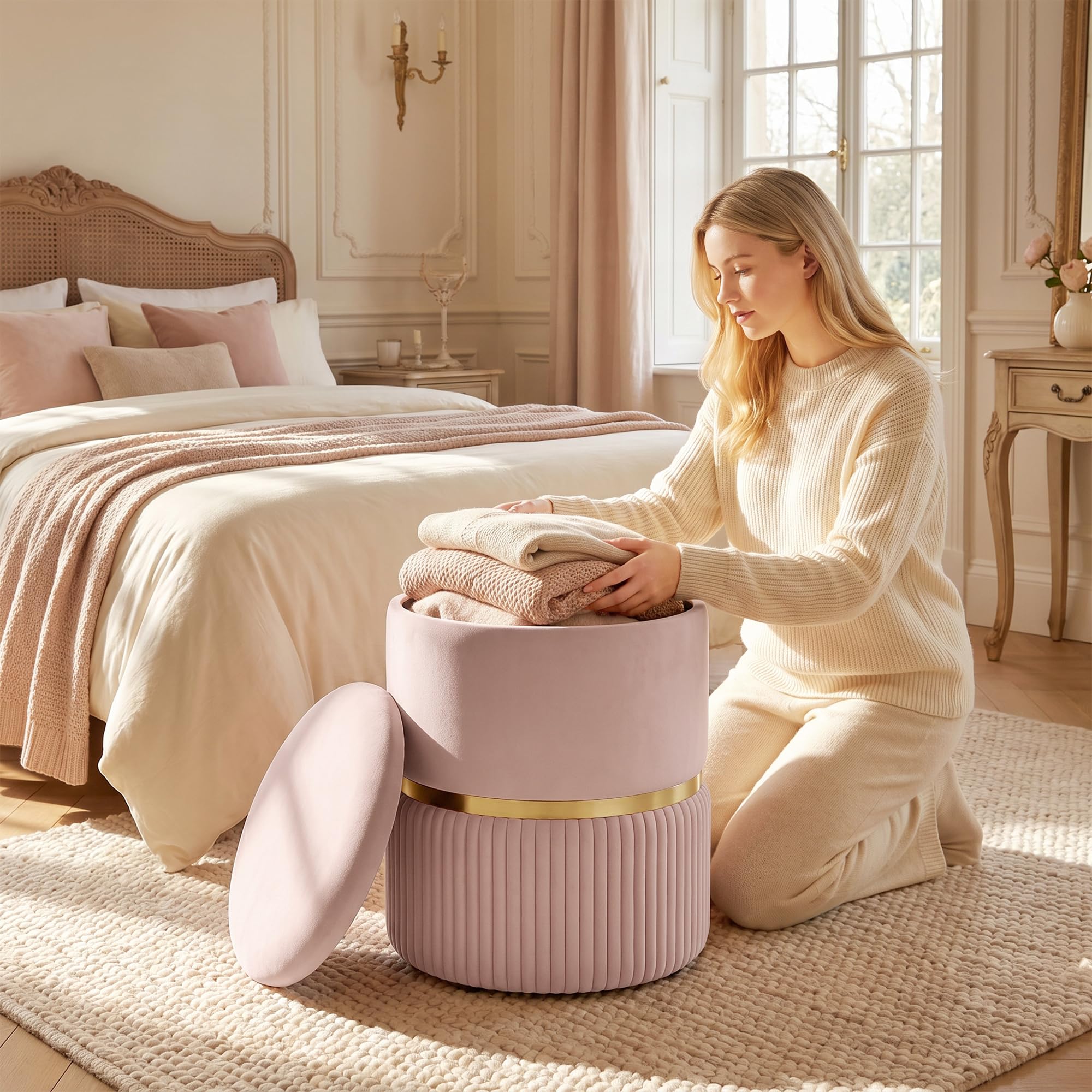HOMCOM Pouf Taburete Reposapiés Baúl 36x36x44cm Rosa
