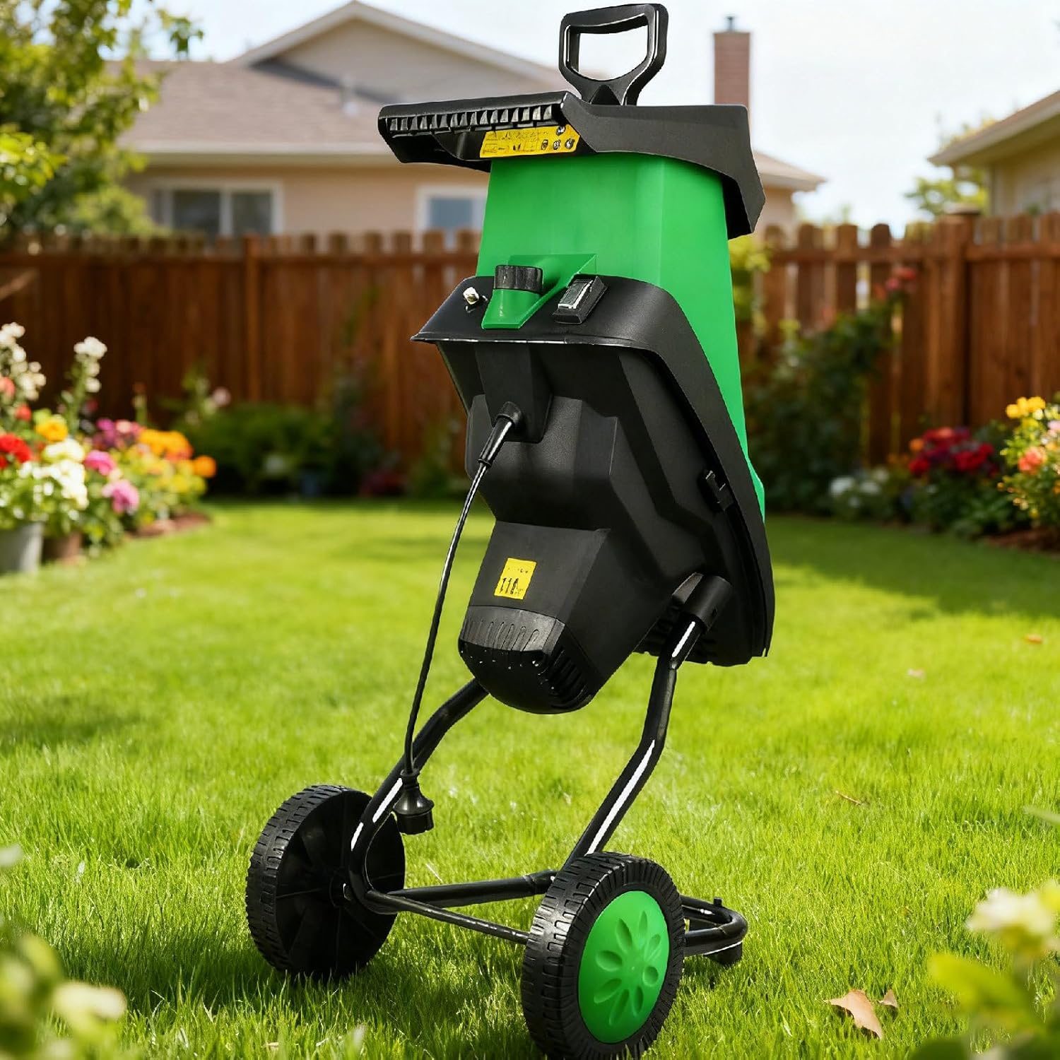 Garden Shredder, Electric Wood Chipper, 2400w High-Torque Motor Shreds Shrubs, Roots, and 1.57" Limbs, with Safety Lock, Push Rod, and Smooth-Rolling Wheels, for Garden Branches