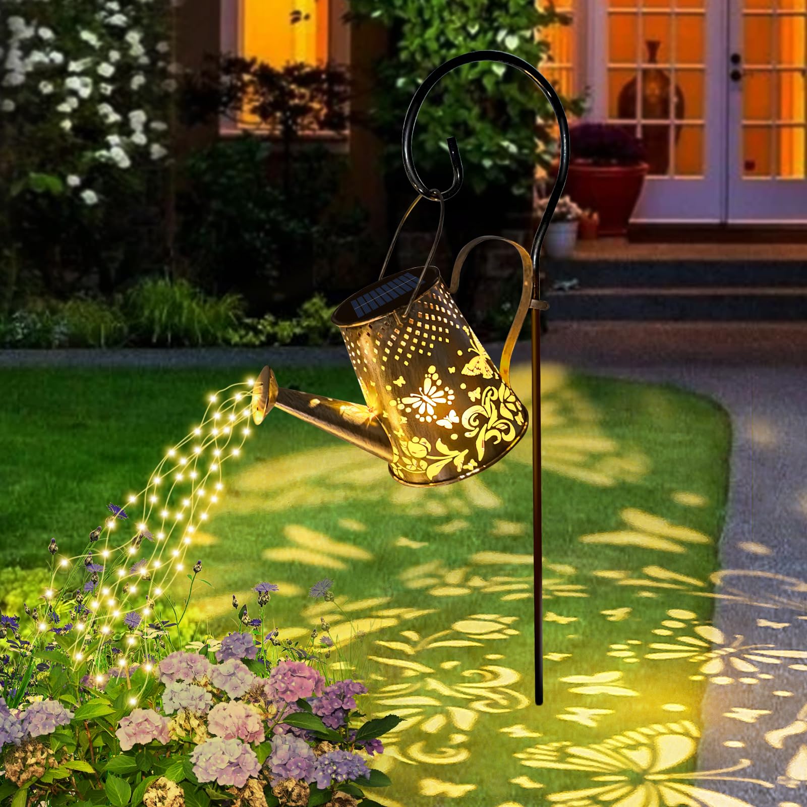 Solar Gießkanne Lichterkette Aussen, Wasserdicht Solarlampen für Außen Gießkannenlicht Lichter, Schmetterling Vintage Gartendeko für Draußen mit Schäferhaken für Garten Hofweg Balkon Terrasse