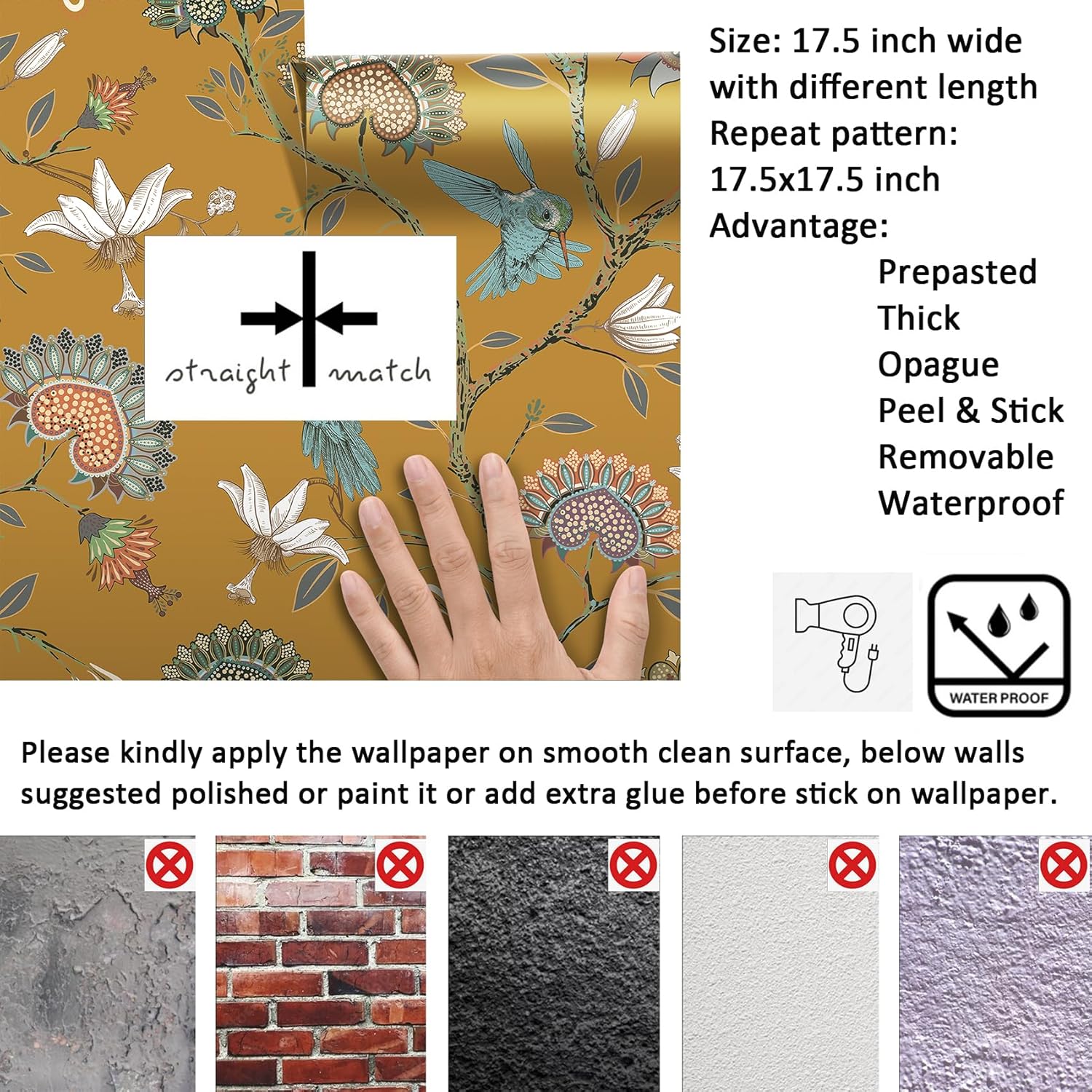 Livelynine Gold Chinoiserie Peel and Stick Wallpaper Birds Flowers Vintage Bird Floral Wallpaper Prepasted Mustard Yellow Teal Blue Green Oriental Asian Hummingbird Contact Paper Shelf Liner 17.5x78.8