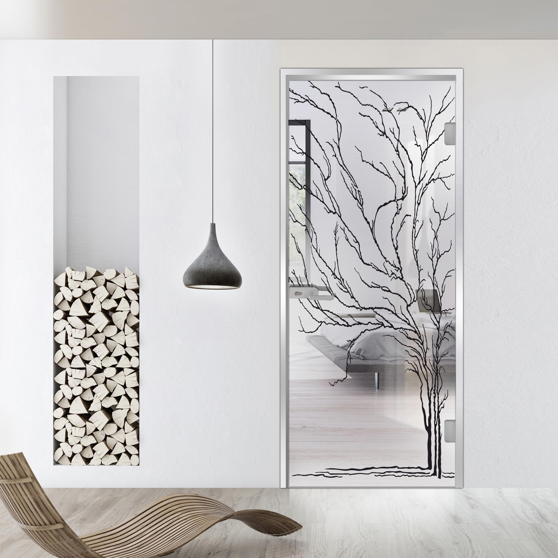 Porta interna in vetro con cerniera, modello albero, vetro di sicurezza trasparente da 8 mm, decorazione nera, cornice a L, adatta per apertura 80 x 198 cm