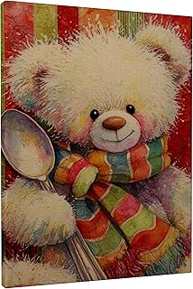 Bear Canvas Kitchen Wall Art, Fanciful Playful Spoon Scarf Winter Red Wall Hanging Posters Artwork Prints Dining Room Breakfast Nook Restaurant Decor 8x10 Inch