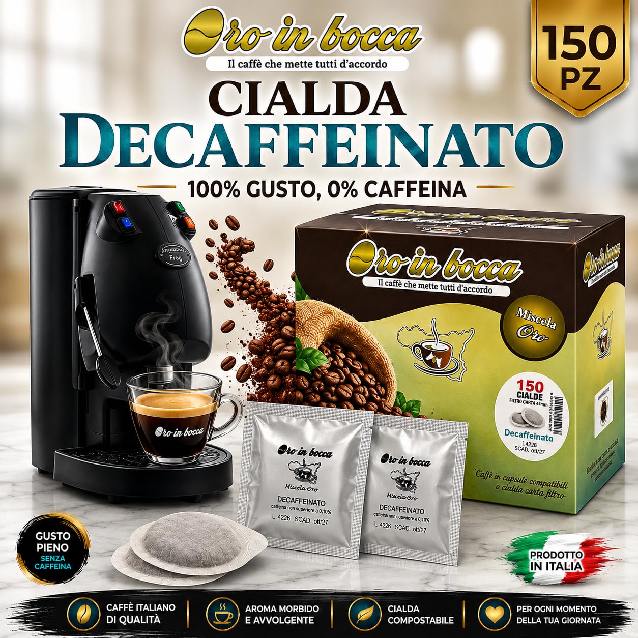 Oro in Bocca Cialde Compostabili Caffè Dek Decaffeinato – Miscela Decaffeinata a Vapore per Espresso, Formato ESE 44mm, Confezione da 150 Cialde