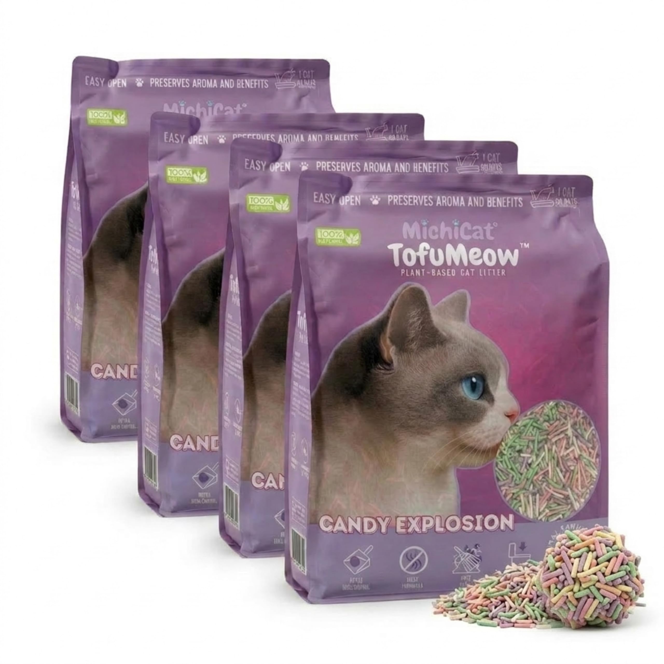 MichiCat Arena de Tofu para Gatos TofuMeow, 12 kg (4x3kg) Arena Aglomerante para Gatos Vegetal Biodegradable, Libre de Polvo, Control de Olores Avanzado, Desechable en WC, Pack Ahorro Larga Duración