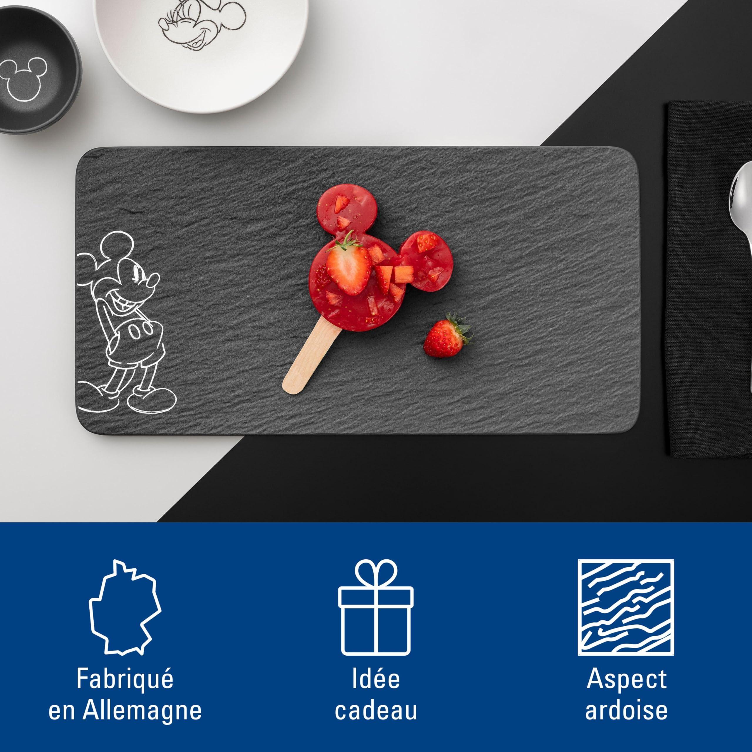 Villeroy & Boch Manufacture Rock – Mickey Mouse – plat de service, noir, résistant au lave-vaisselle/micro-ondes, look ardoise caractéristique avec décor Disney Mickey Mouse à la craie