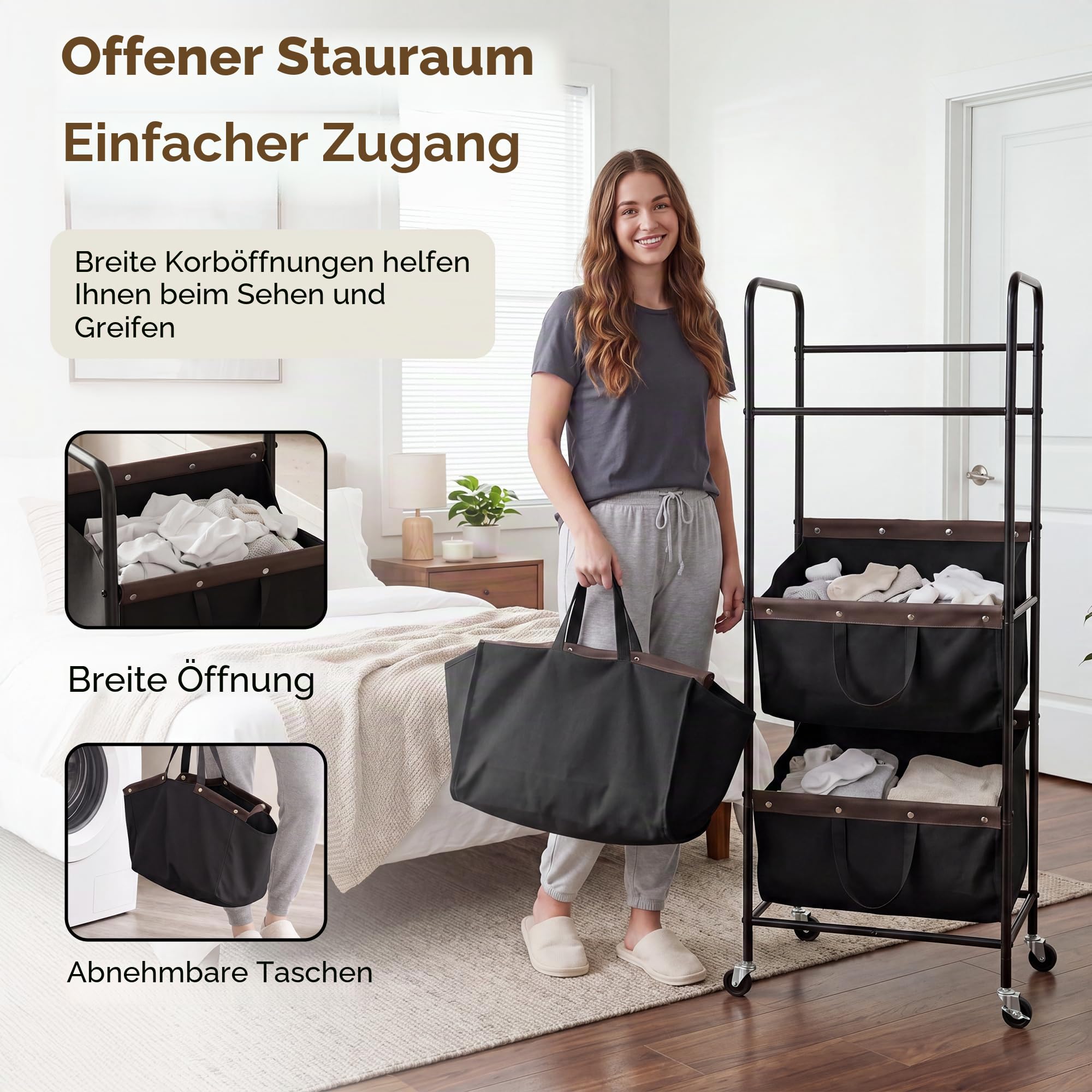 GRANNY SAYS Wäschekorb, Wäschesammler 3 fächer mit Rädern, 52x33x143 cm wäscheorganiser schmutzwäsche, wäsche sortiersystem auf Rollen für Wohnheim, Badezimmer, Schlafzimmer, Kleiderschrank, Schwarz