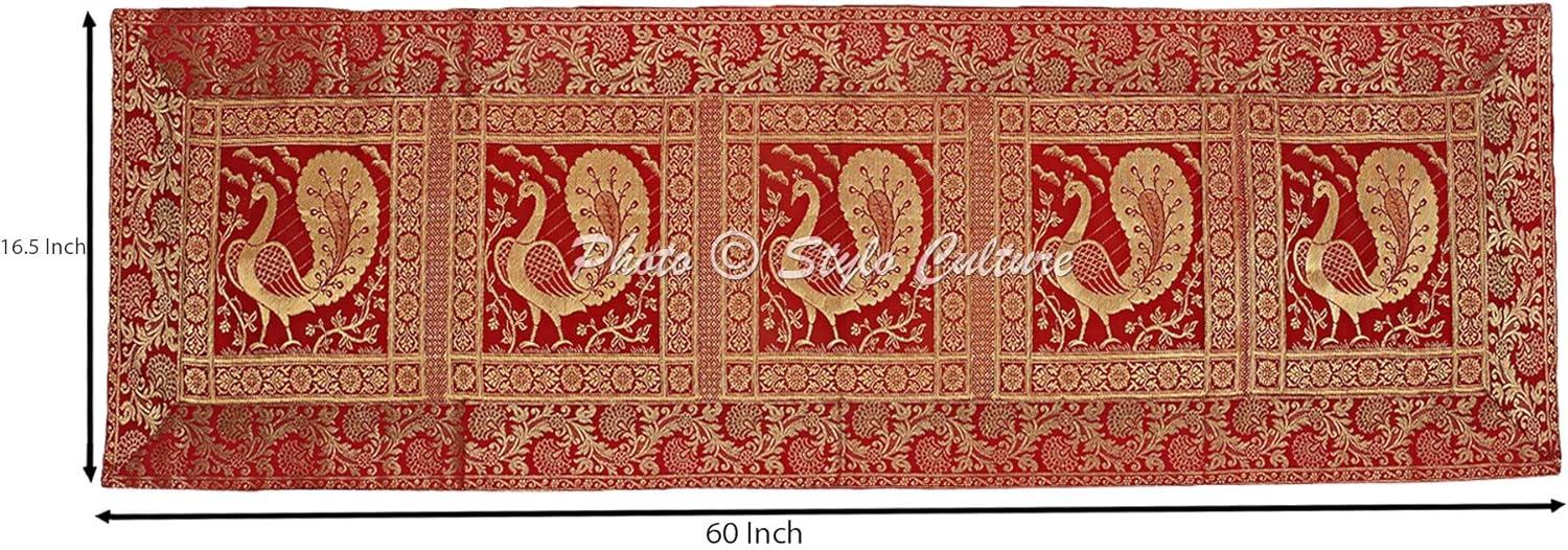 Stylo Culture Bohemian Long Wedding Table Runner Red Gold Peacock Floral Brocade Jacquard Rectangle Home Decor Indian Dining Room Tablecloth - Image 4