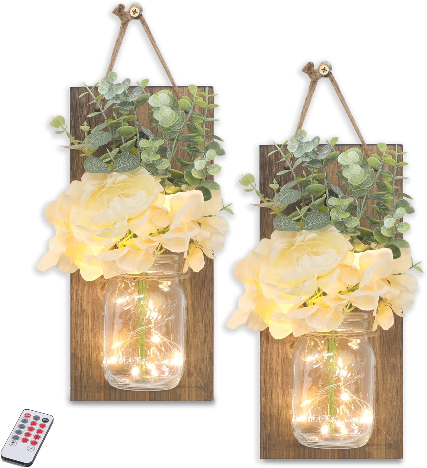 Antique Shabby Chic Style Wall Sconces Mason Jar Decor Wall Art Hanging Design with Remote Control LED Fairy Lights For Kitchen Bedroom Living Room Decoration,Farmhouse Home Decor Beige Color set of 2