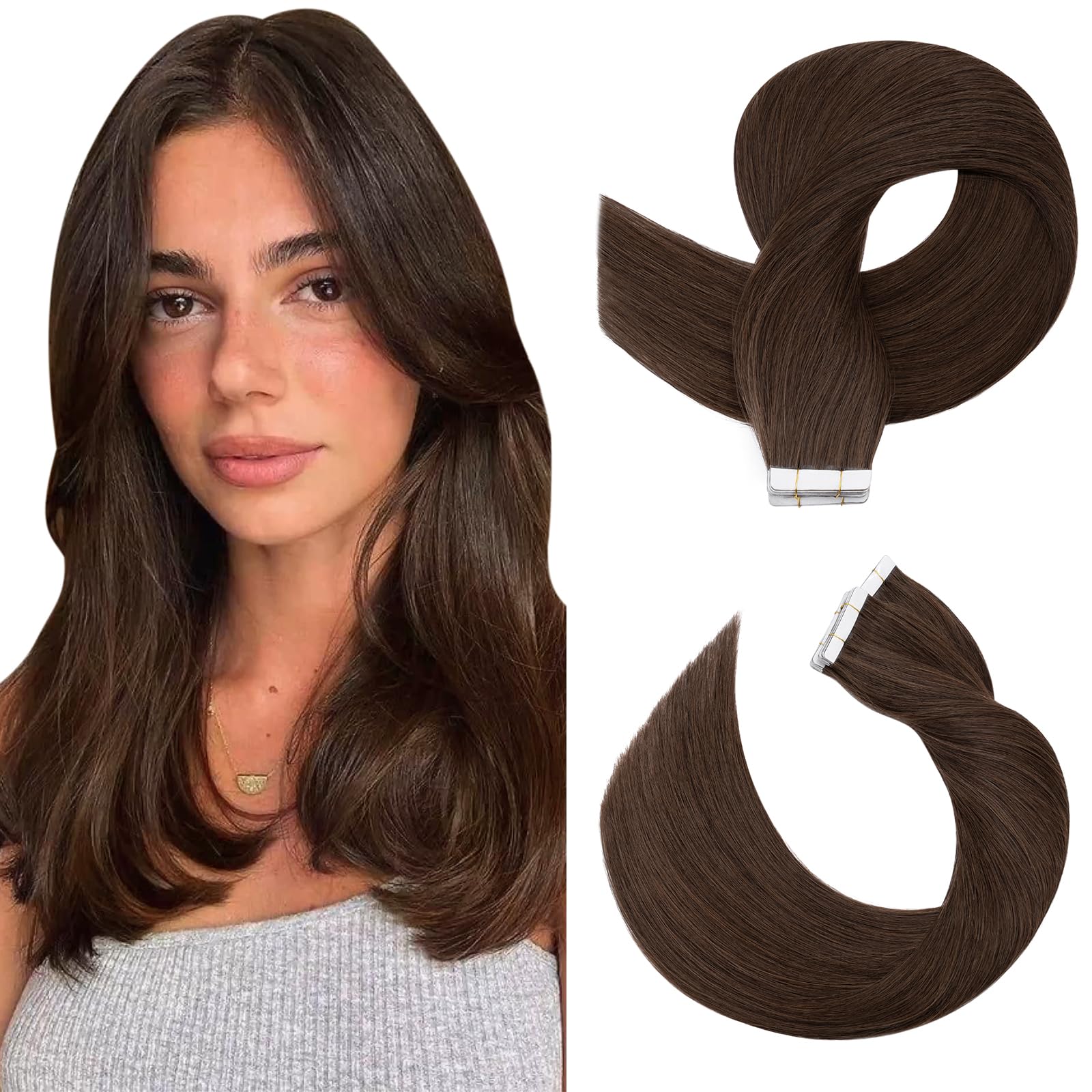 SEGOHAIR Tape in Hair Extensions Human Hair, 12" Invisible 10Pcs Real Hair Straight Natural Remy Tape Hair Extensions - Medium Brown