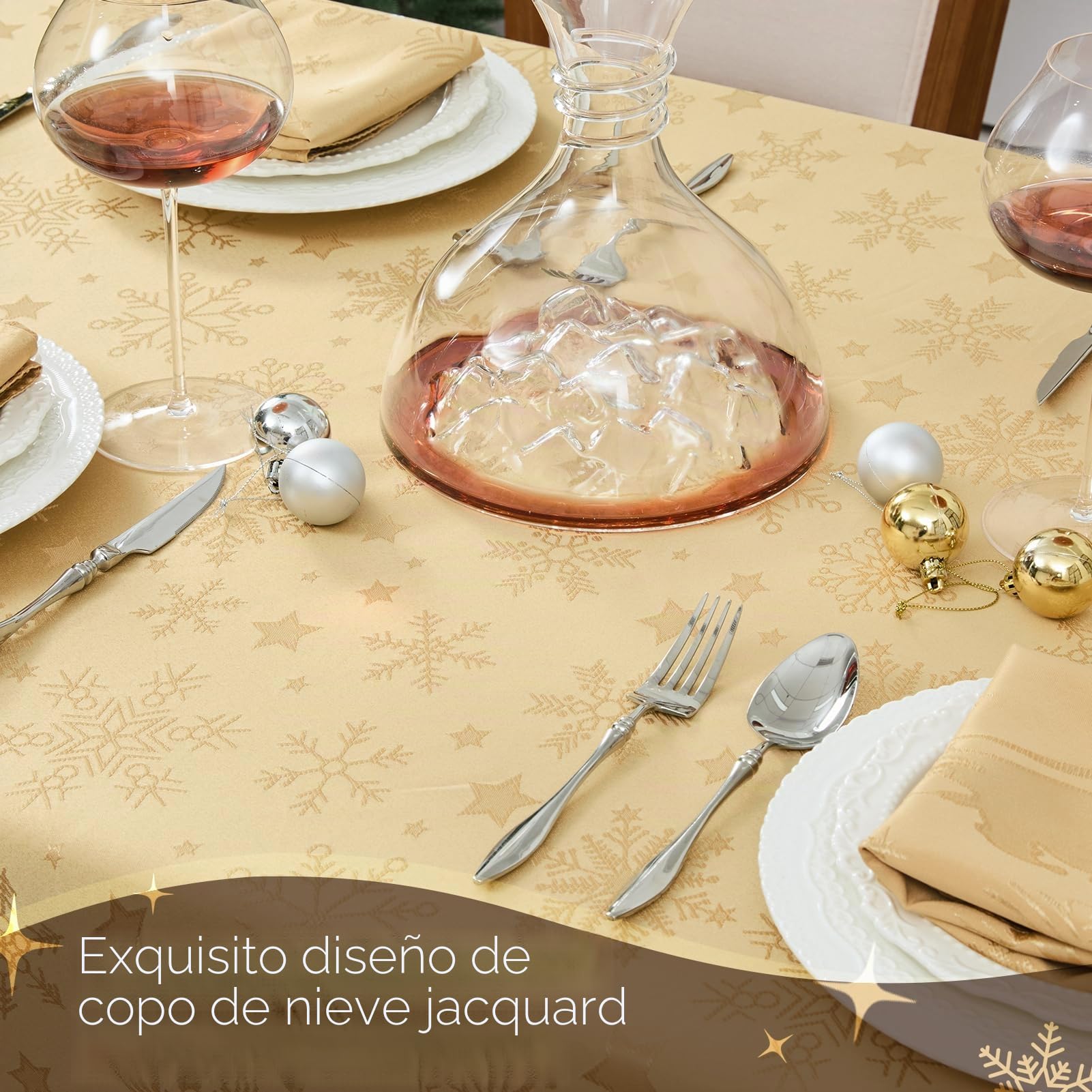 Romanstile Mantel grande de Navidad, 150 x 350 cm, dorado, lavable e impermeable, jacquard, estrellas y copo de nieve, rectangular, XXL, mantel para invierno, decoración navideña, fiesta, Navidad