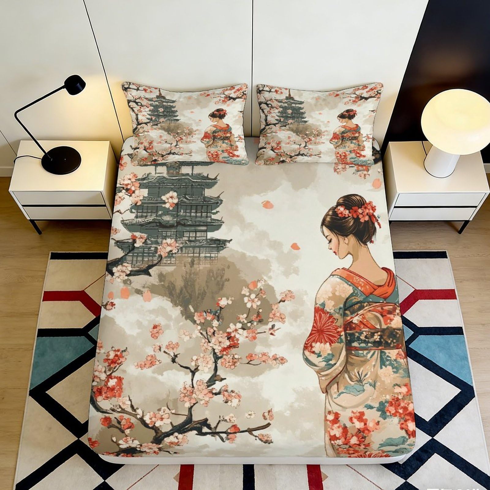 Pnayamiorkfel Girls Style-2 3D Printed Sakura Pagoda Fitted Sheet Microfiber Soft Breathable Kimono Mattress Cover For Bedroom Decor 90X200x25cm