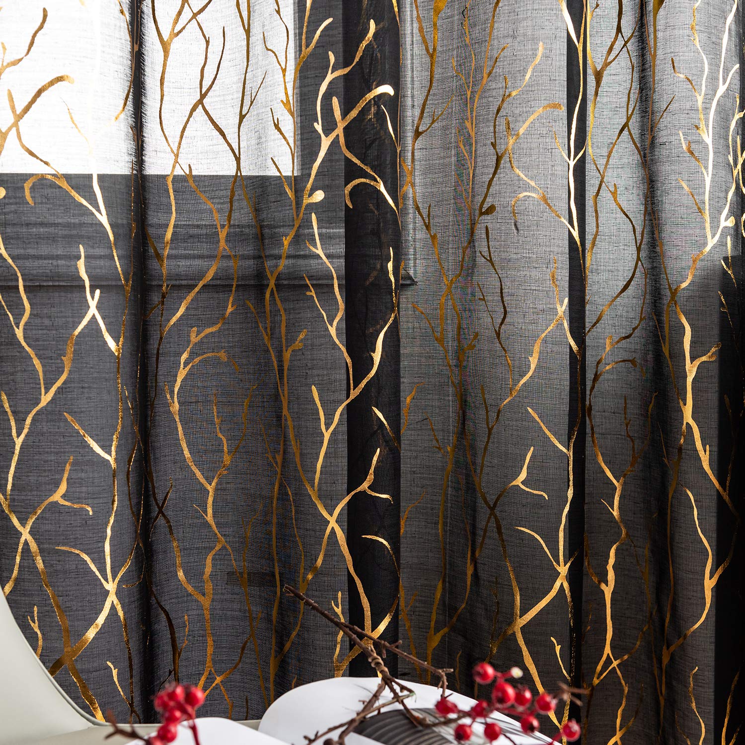 Buy FINECITY Black Gold Sheer Curtains for Bedroom Metallic Gold Foil