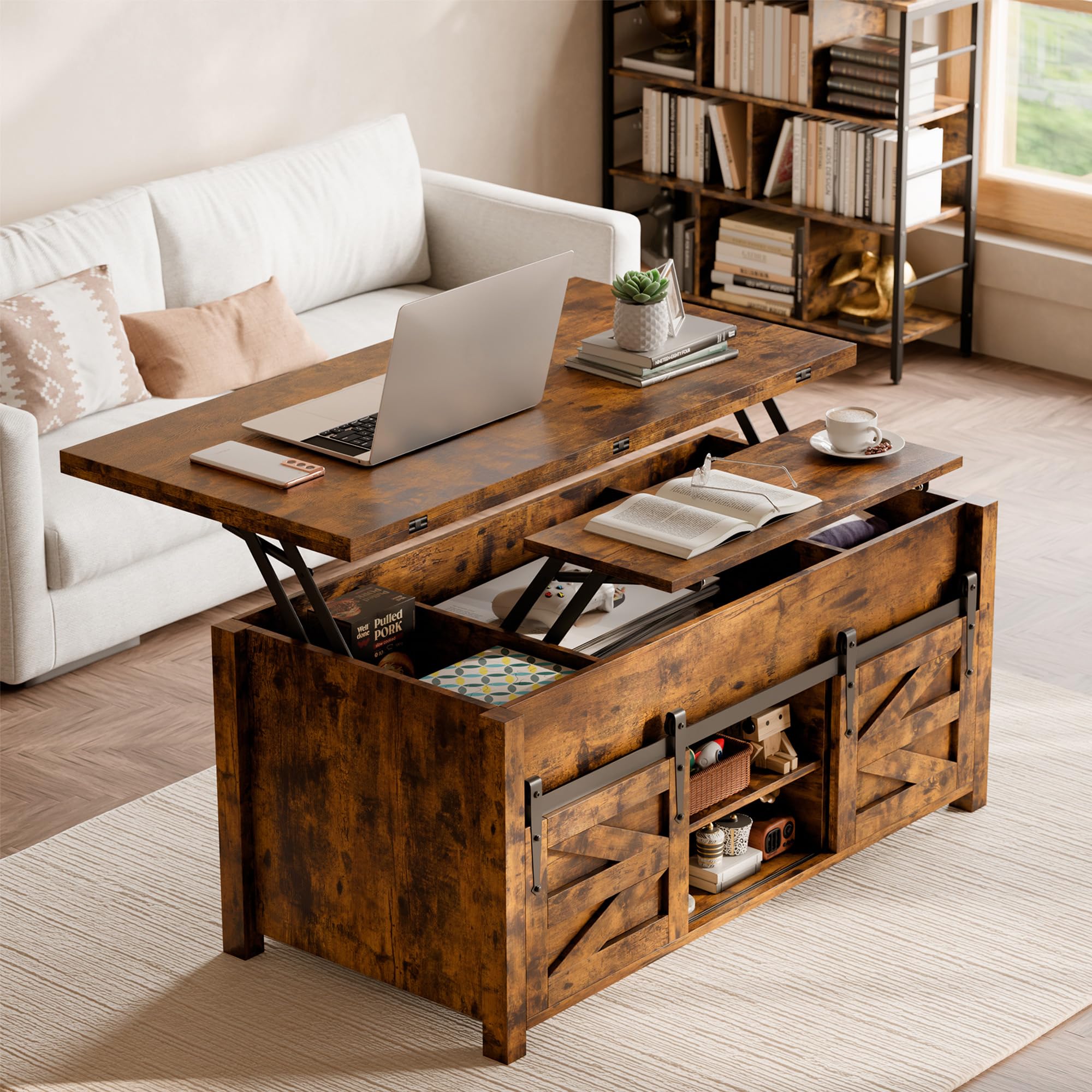 ELUCHANG Couchtisch Höhenverstellbar, 4 in 1 Wohnzimmertisch Umwandelbar in Wohnzimmer-Esstisch, Multifunktions mit Versteckter offenes Fach & Aufbewahrung,für Wohnzimmer/Büro/Esszimmer, Vintagebraun