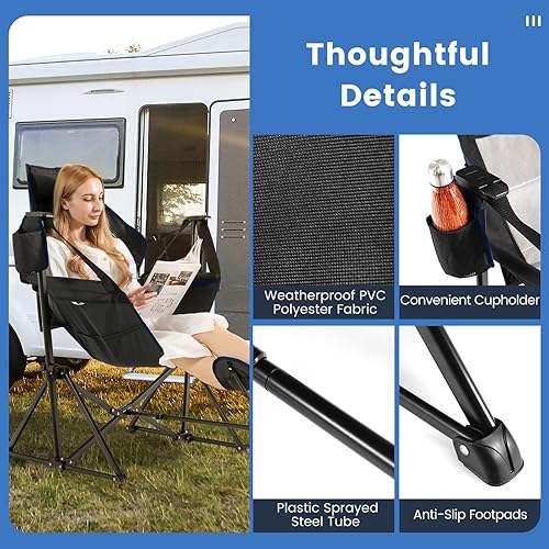 Miniatura 8 de HAPPYGRILL Paquete de 2 hamacas de camping con reposapiés, silla plegable al aire libre con almohada acogedora para la cabeza, soporte para tazas,