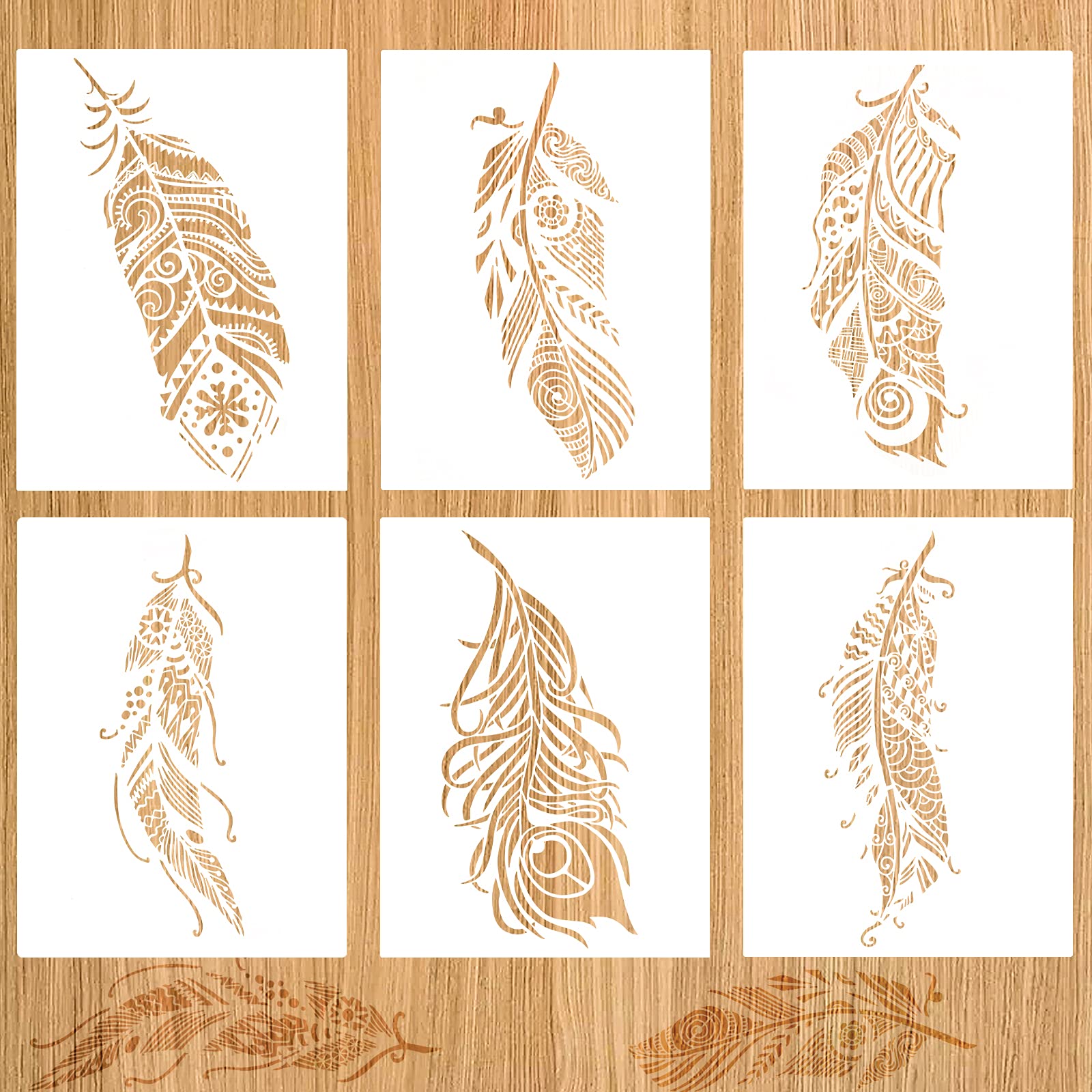 ASTER 6 Pieces Mandala Stencil Reusable Feather Stencils Decorative Painting Templates Mandala Stencils for Painting on Wood Wall Furniture