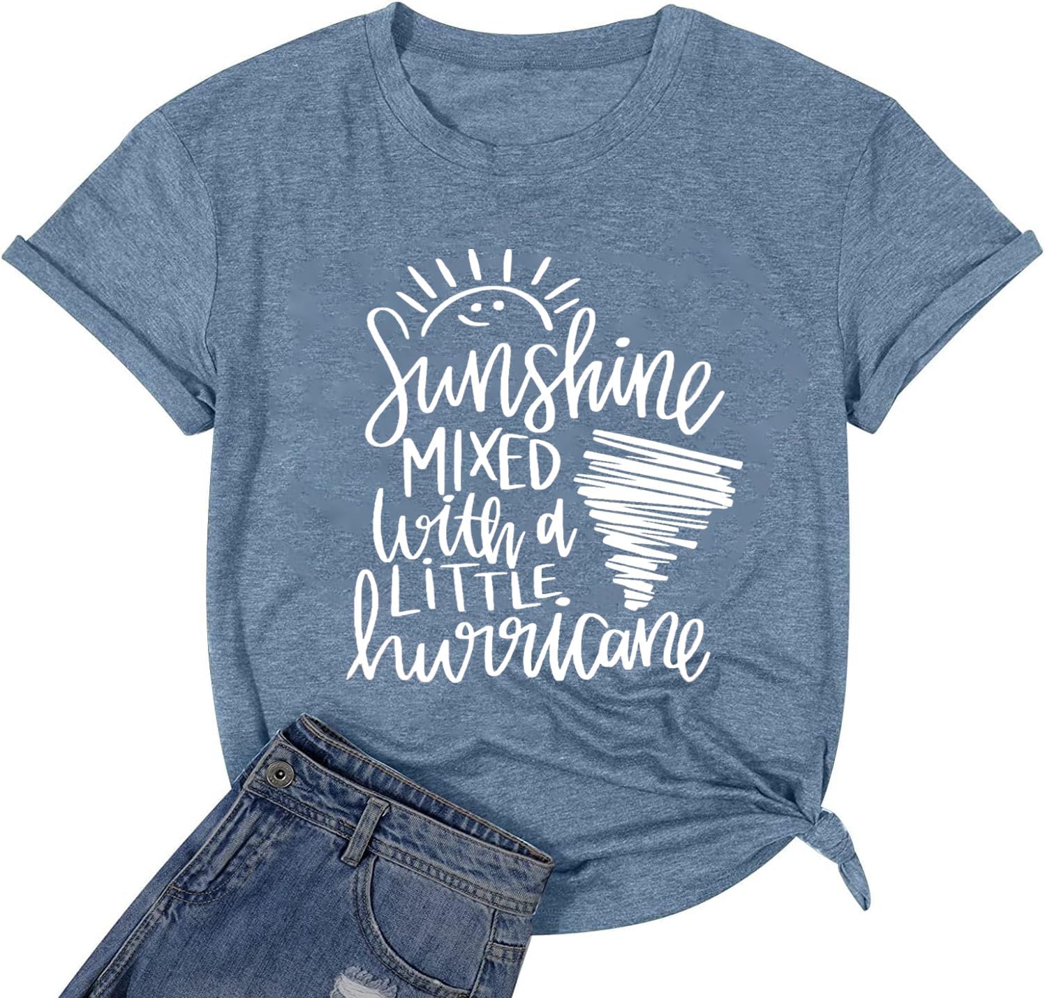 Cute Graphic Tees for Women Sunshine Mixed with A Little Hurricane Funny Saying Letter Print T Shirt