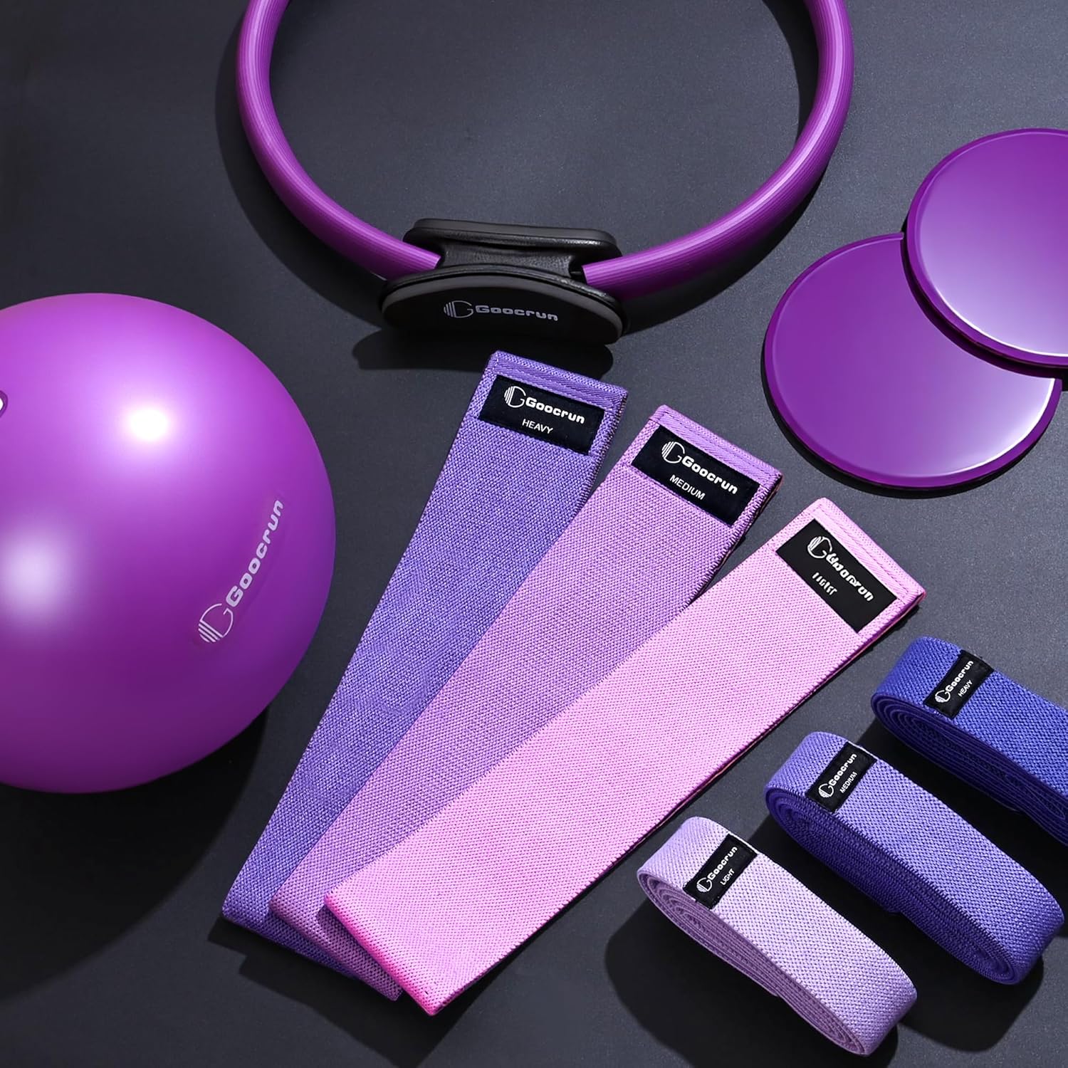 Goocrun Pilates Ring Set Exercise Equipment, with Exercise Resistance Bands Set, Pilates Ball, Sliding Disks. Portable Home Gym - with Fitness Guide Poster