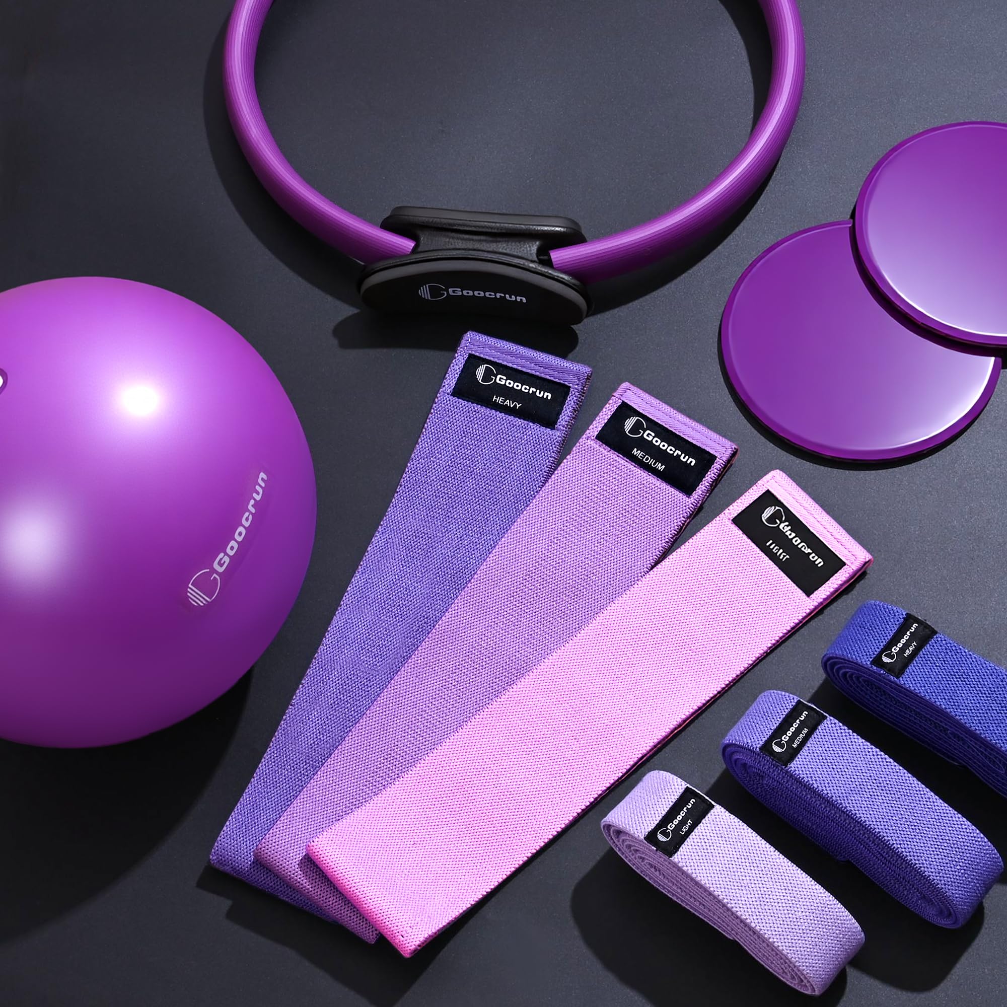 Goocrun Zestaw pierścionków do pilatesu, przyrząd treningowy z materiałowymi taśmami oporowymi, piłka do pilatesu, tarcze ślizgowe – przyrząd treningowy do domowej siłowni, łącznie z kompletnym