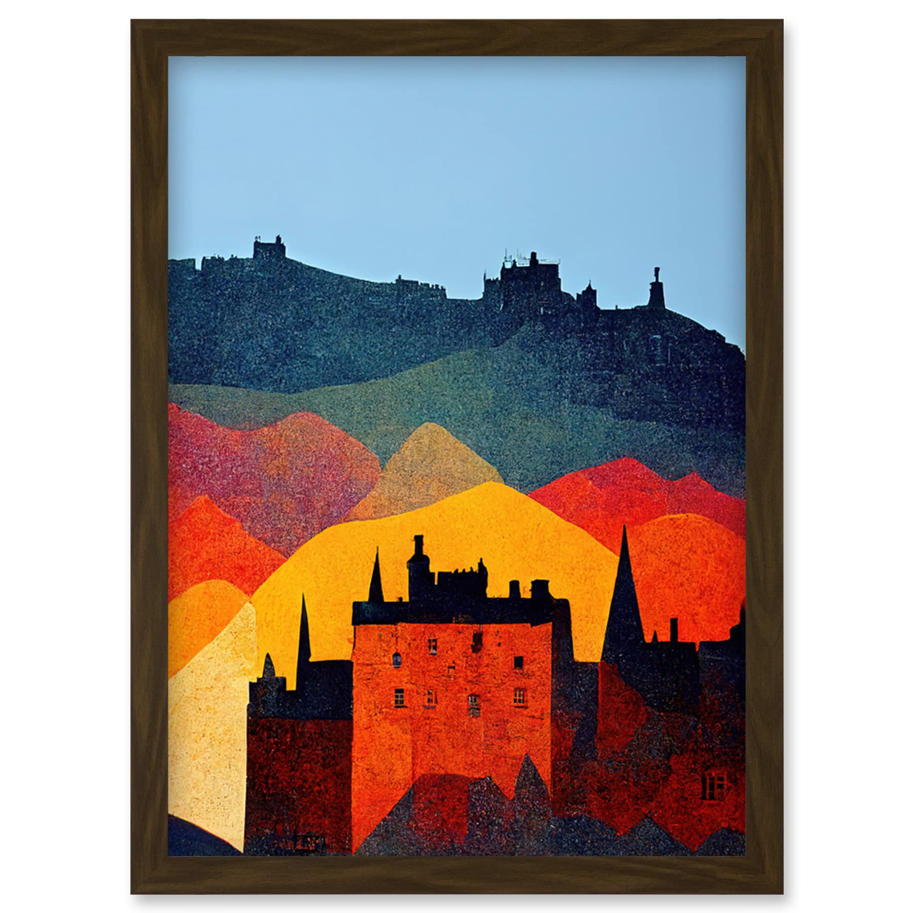 Wee Blue Coo Edinburgh in Autumn Scotland Scottish Modern Folk Art Multi Coloured Cityscape Artwork Framed Wall Art Print A4