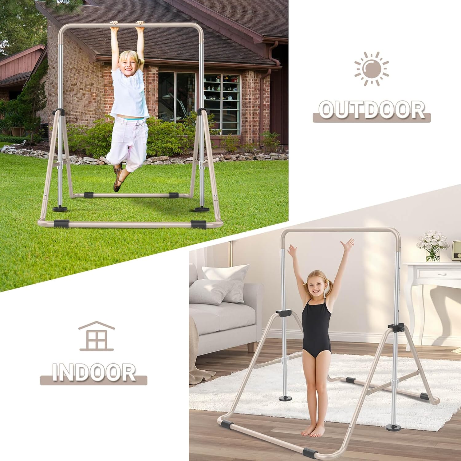 Foldable Gymnastics Bar, 5-Height Adjustable Gymnastic Bars for Kids at Home,Robust & Stable for Indoor/Outdoor Using,Weight Limit 140LBS
