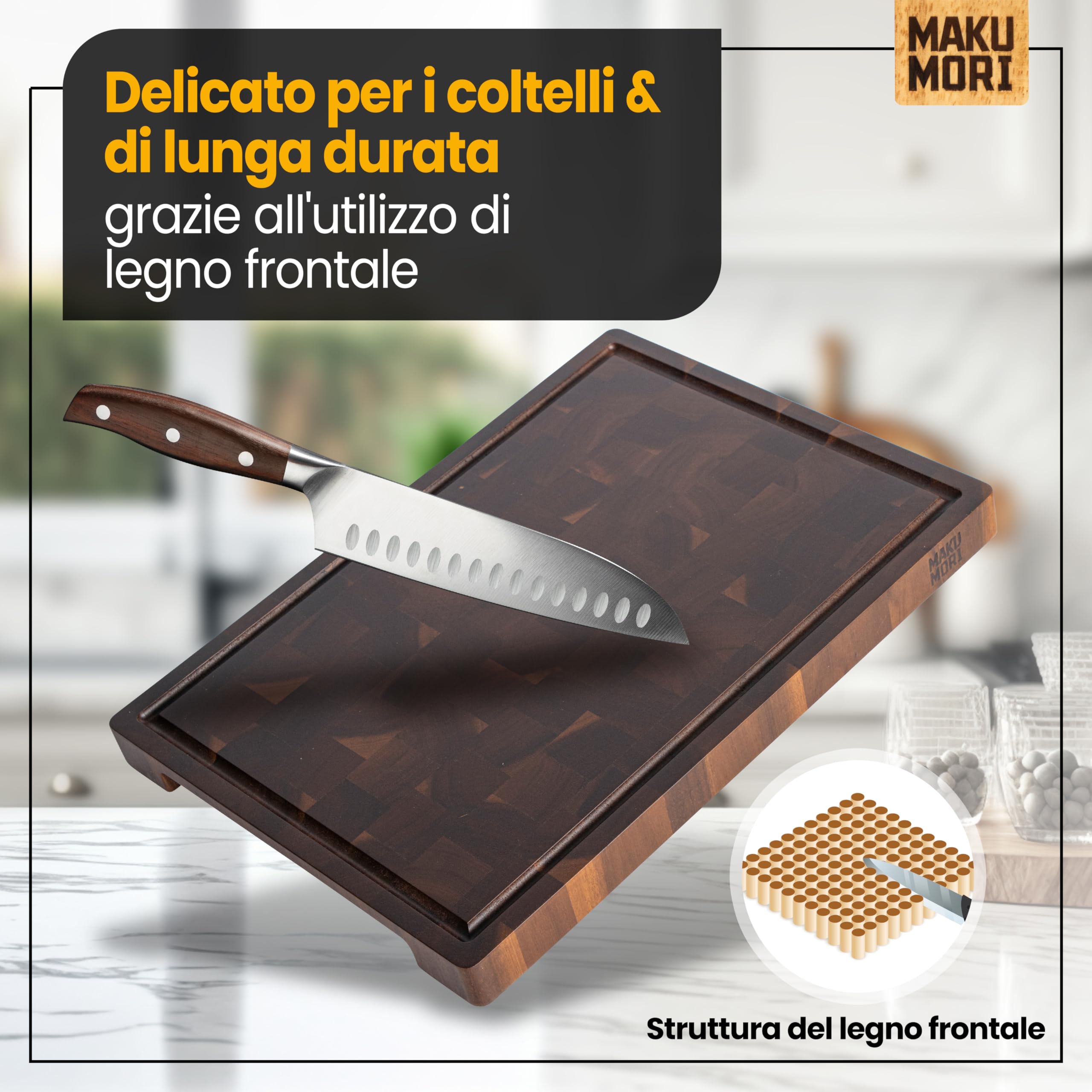 Premium Tagliere Legno di Testa 40x29x3cm Acacia Scuro | Tagliere da cucina in acacia carbonizzata; FSC®; scanalatura per succhi; ampi manici; piedini in gomma antiscivolo