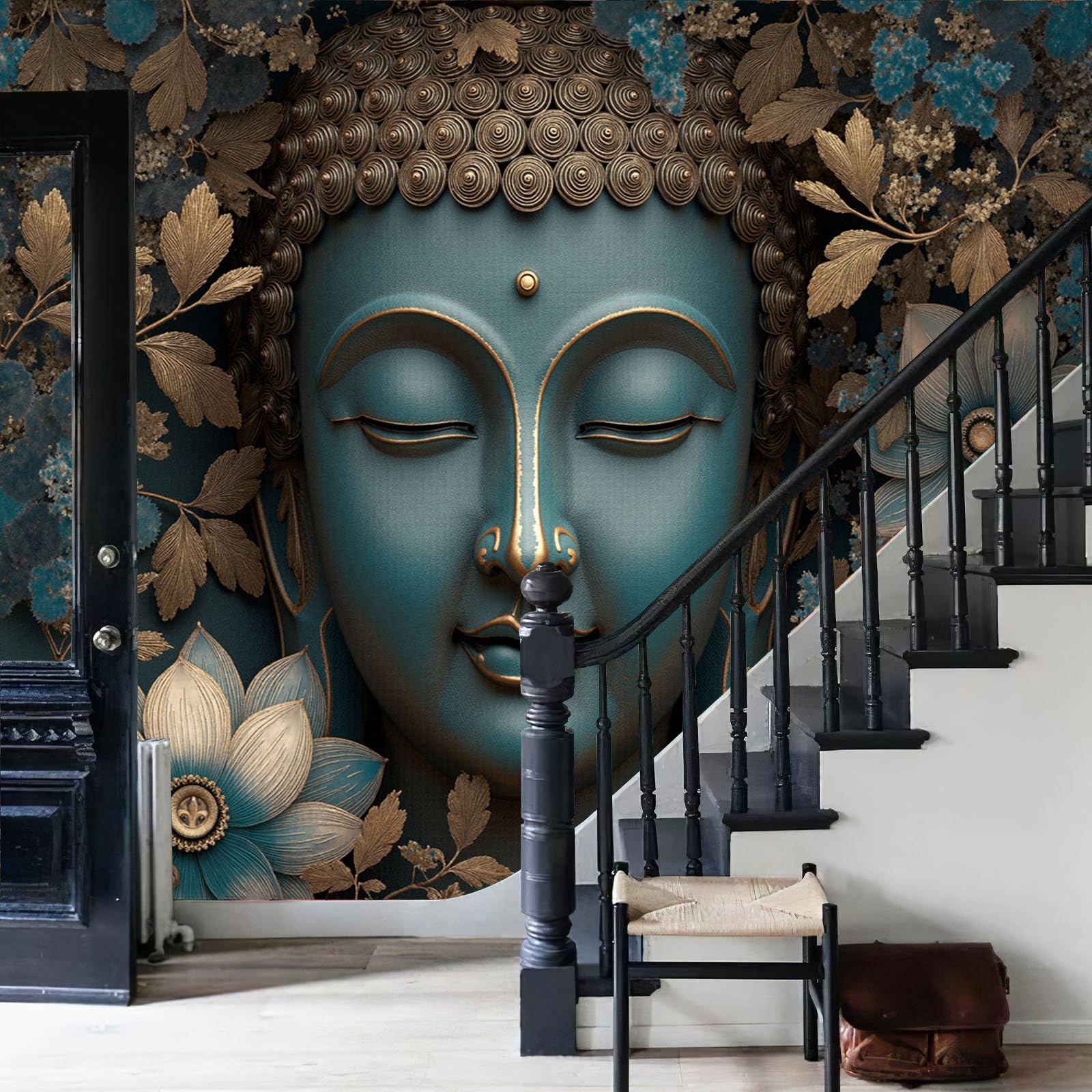 Pared Papel 3D Seda Papel Pintado Murales Plantas Y Flores Estatua De Buda Con Flores, Dormitorio Sala Tv Fondo Decoración De Pared Decorativos Fotomurales Murales Turquesa, 350 x 256 cm