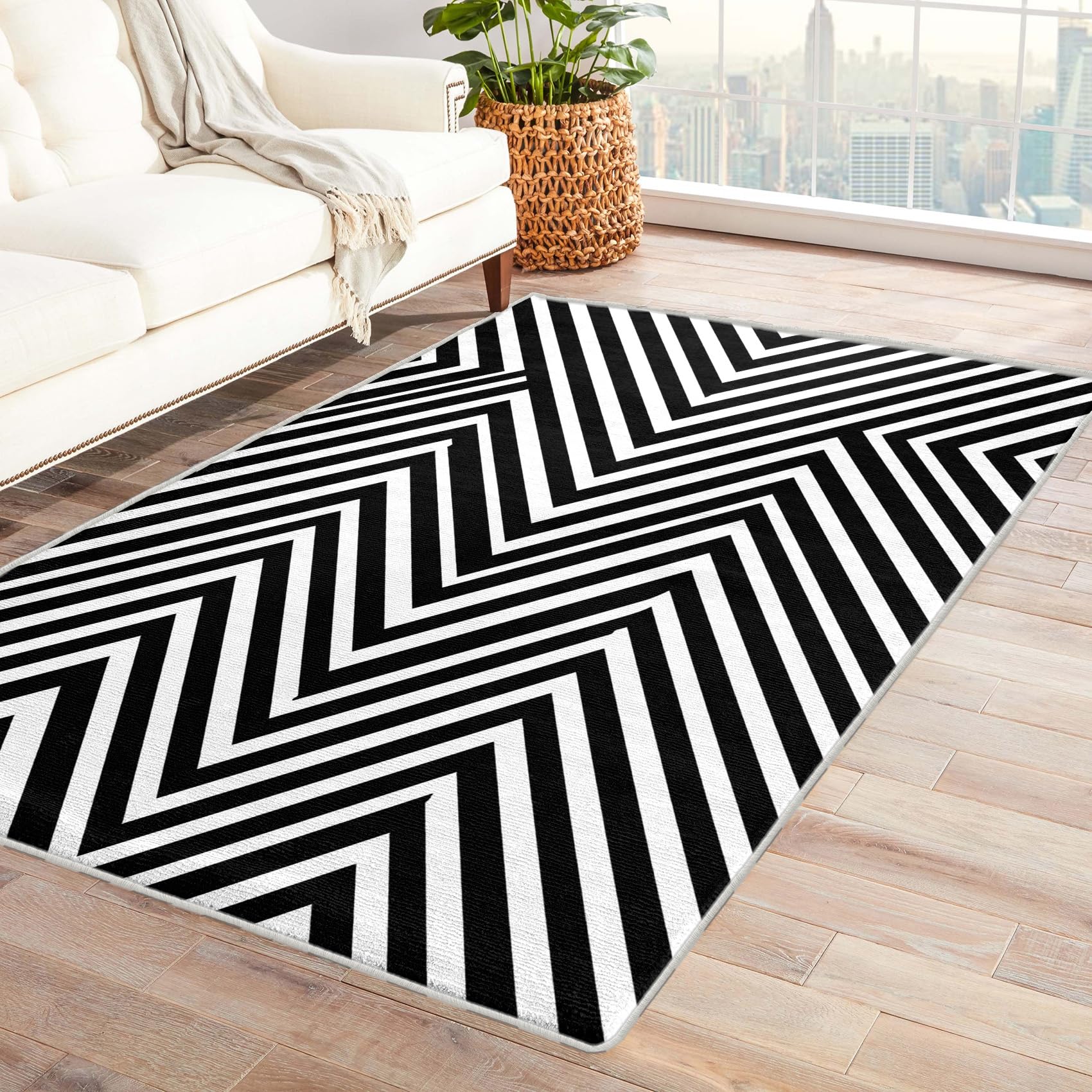 Teppich Schwarz Weiss Gestreift - Teppich Wohnzimmer Schlafzimmer Gestreifte, Kleiner Teppich Chevron, Weich Kurzflor & Waschbar & rutschfest Fussmatte Innen, Kinderteppich 80x150 cm