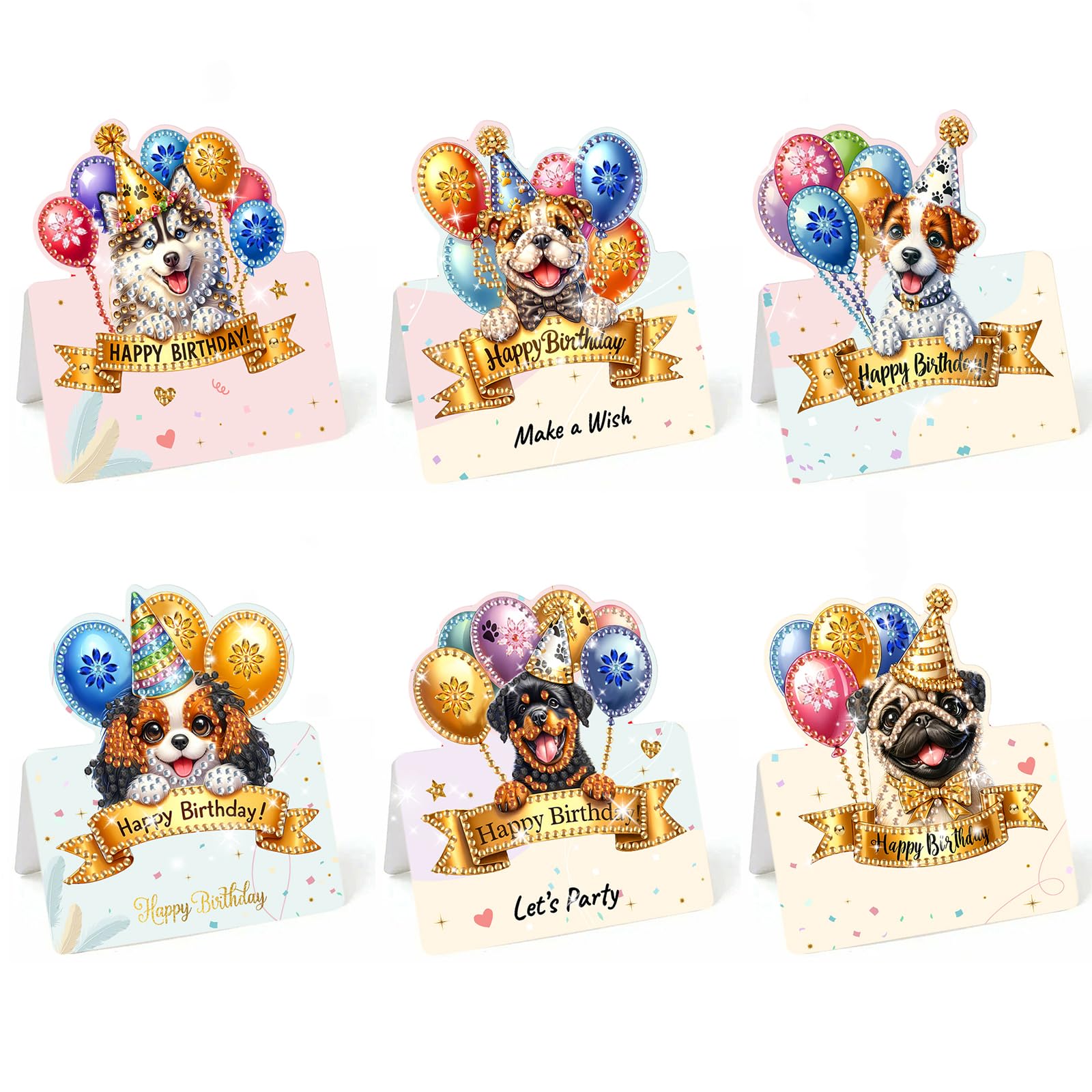 Lebartm 6Pcs 3D Folding Happy Birthday Greeting Card DIY Diamond Art Painting Foldable Thank You Cards with White Envelopes Blessing Greeting Card Set for Festival Holiday-Balloon Puppy — image 1