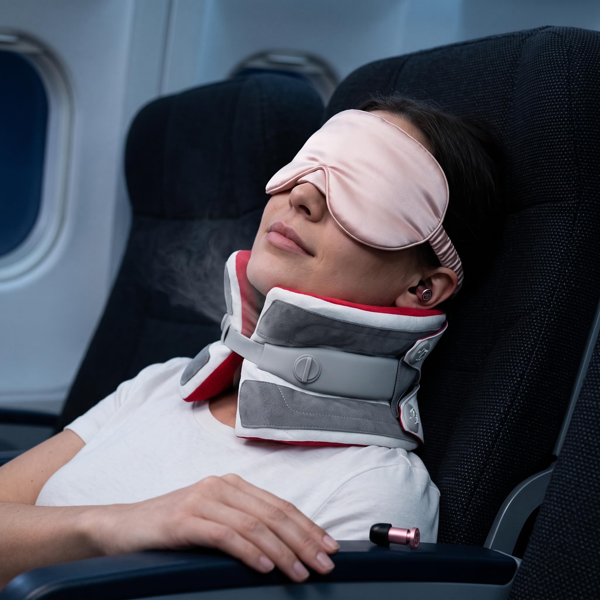 Almohada Viaje Viscoelástica para Cervical Ajustable, con Máscara y Tapones, Rosa Arena
