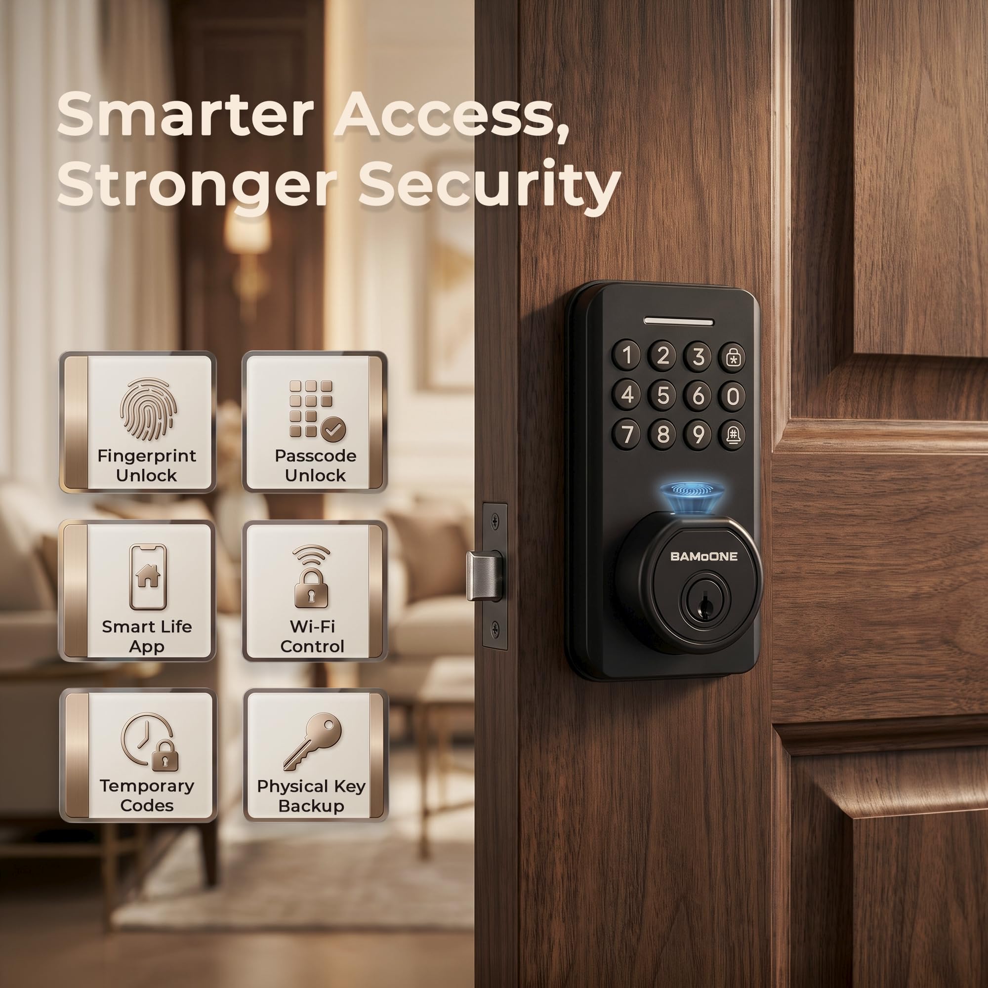 Cerradura inteligente WiFi de huellas dactilares, cerradura de puerta de entrada sin llave con control de aplicación y acceso remoto, puerto de alimentación USB de emergencia, fácil