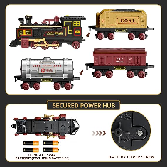 Electric Train Set with Steam, Light & Sound Effects, Retro Train Toys with Locomotive, 12 Tracks & 3 Freight Cars, Toy Trains for Kids Ages 3+, Christmas Birthday Gift for Boy Girls