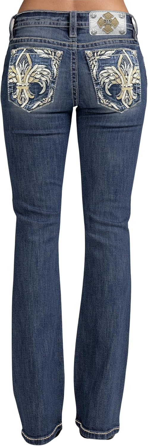 Miss Me Women's Flying Fleur de Lis Embellished Pockets Mid-Rise Bootcut Jeans