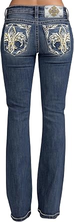 Miss Me Womens Flying Fleur de Lis Embellished Pockets Mid-Rise Bootcut Jeans