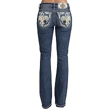 Miss Me Womens Flying Fleur de Lis Embellished Pockets Mid-Rise Bootcut Jeans